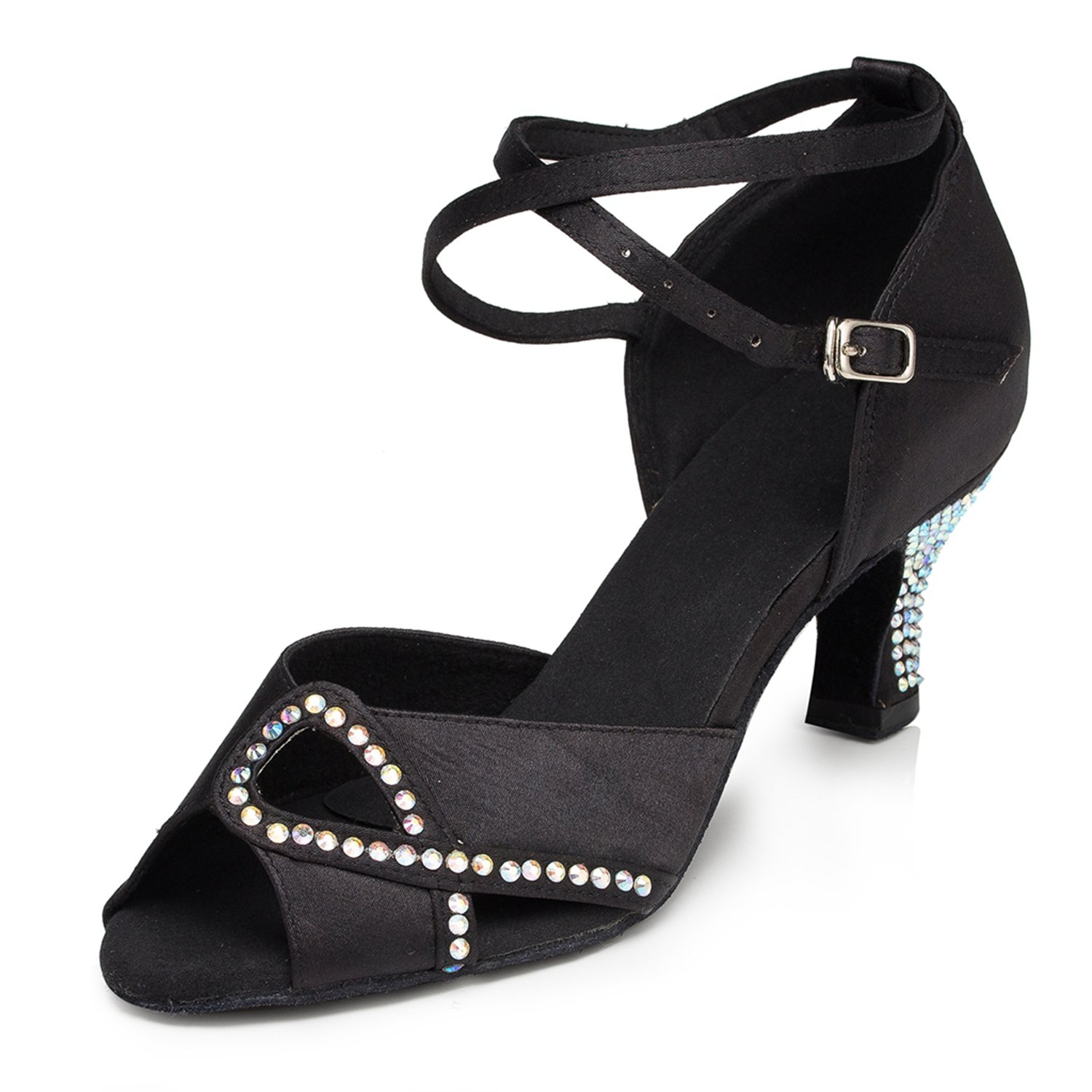 ZengyeZoo Comfortable Dancing Heels for Women Satin Party Wedding Sandals with Rhinestone L158 Black 2.5