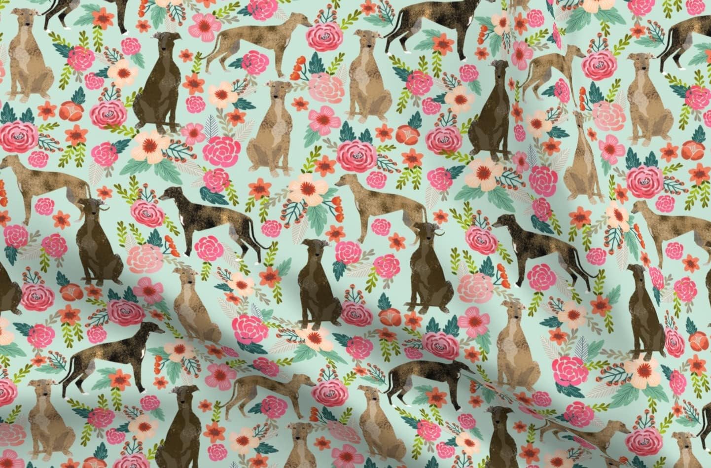 Spoonflower Fabric - Cute Greyhound Mint Florals Flowers Best Dogs Greyhounds Vintage Printed on Upholstery Velvet Fabric Fat Quarter - Upholstery Home Decor Bottomweight Apparel