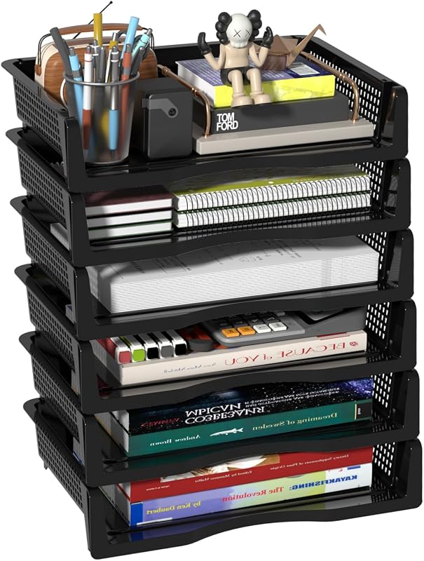 Paquete de 6 bandejas apilables para cartas de oficina, bandeja de papel apilable de plástico | Bandejas de escritorio apilables de carga frontal, material plástico, para documentos, cartas, material de oficina