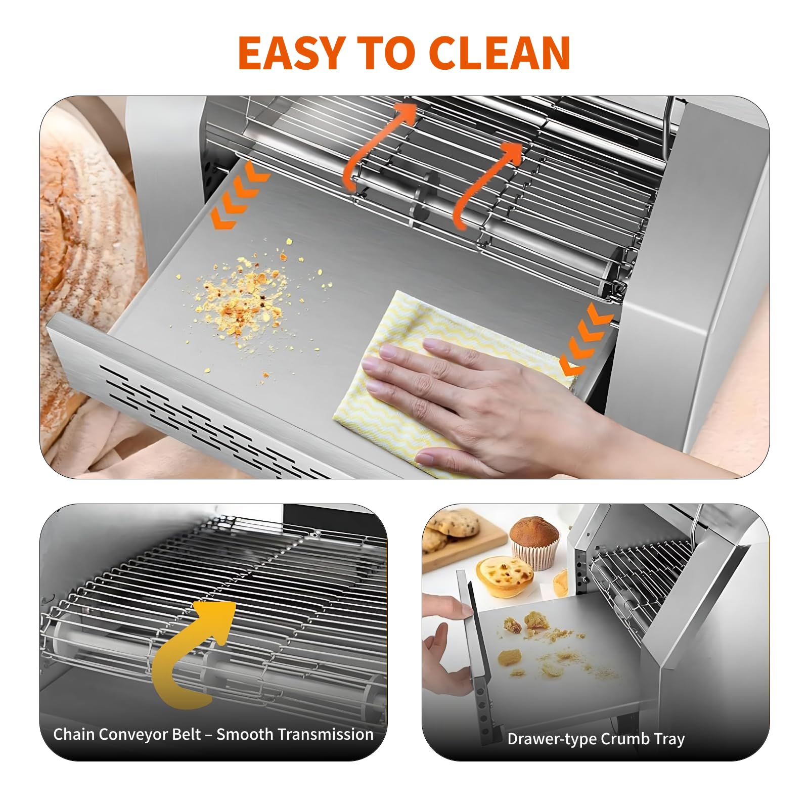 Tostador de Cinta transportadora Profesional 2200W | 300 rebanadas/Hora | con Doble Tubo Calefactor | 3 Modos de Tostado: Superior+Inferior/Solo Superior/Mantener Caliente