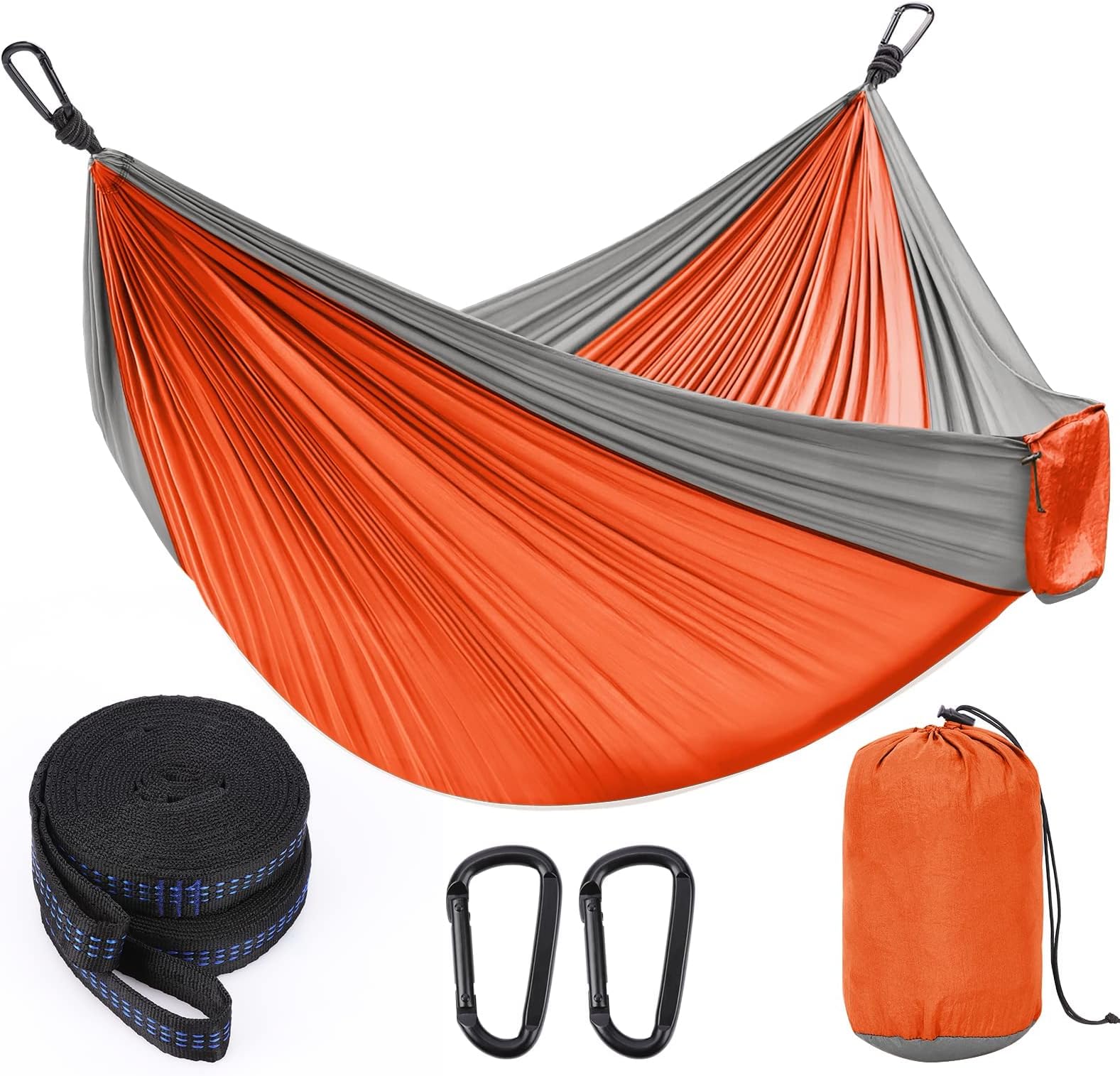 Excefore Camping Hammock Double & Single Outdoor Hammocks with 2 Tree Straps Portable Lightweight Nylon Parachute Hammocks for Travel Camping Backpacking Hiking Backyard (Orange+Grey)
