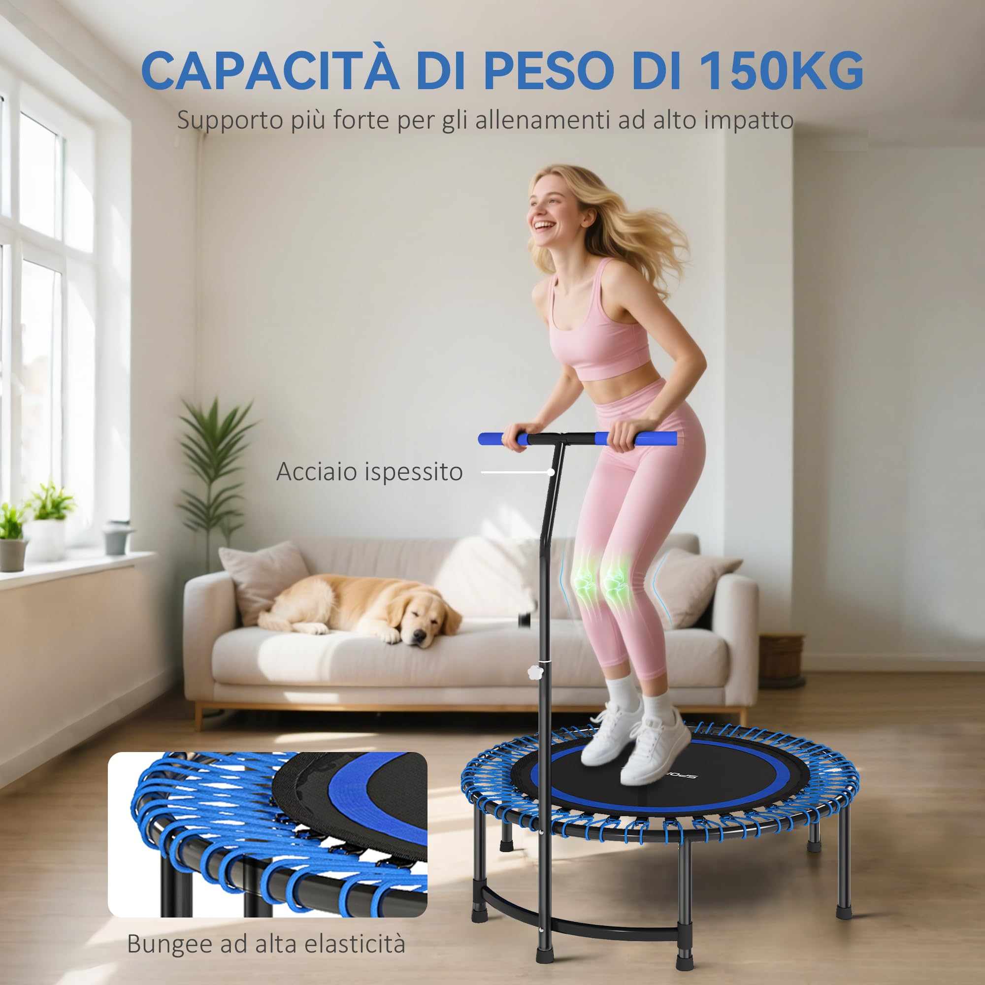SPORTNOW Trampolino Fitness Ø114 cm con Maniglia Regolabile su 5 Posizioni, Trampolino Elastico Capacità 200 kg, 36 Molle Bungee, Tappeto Elastico Per Adulti per Allenamento a Casa, Blu