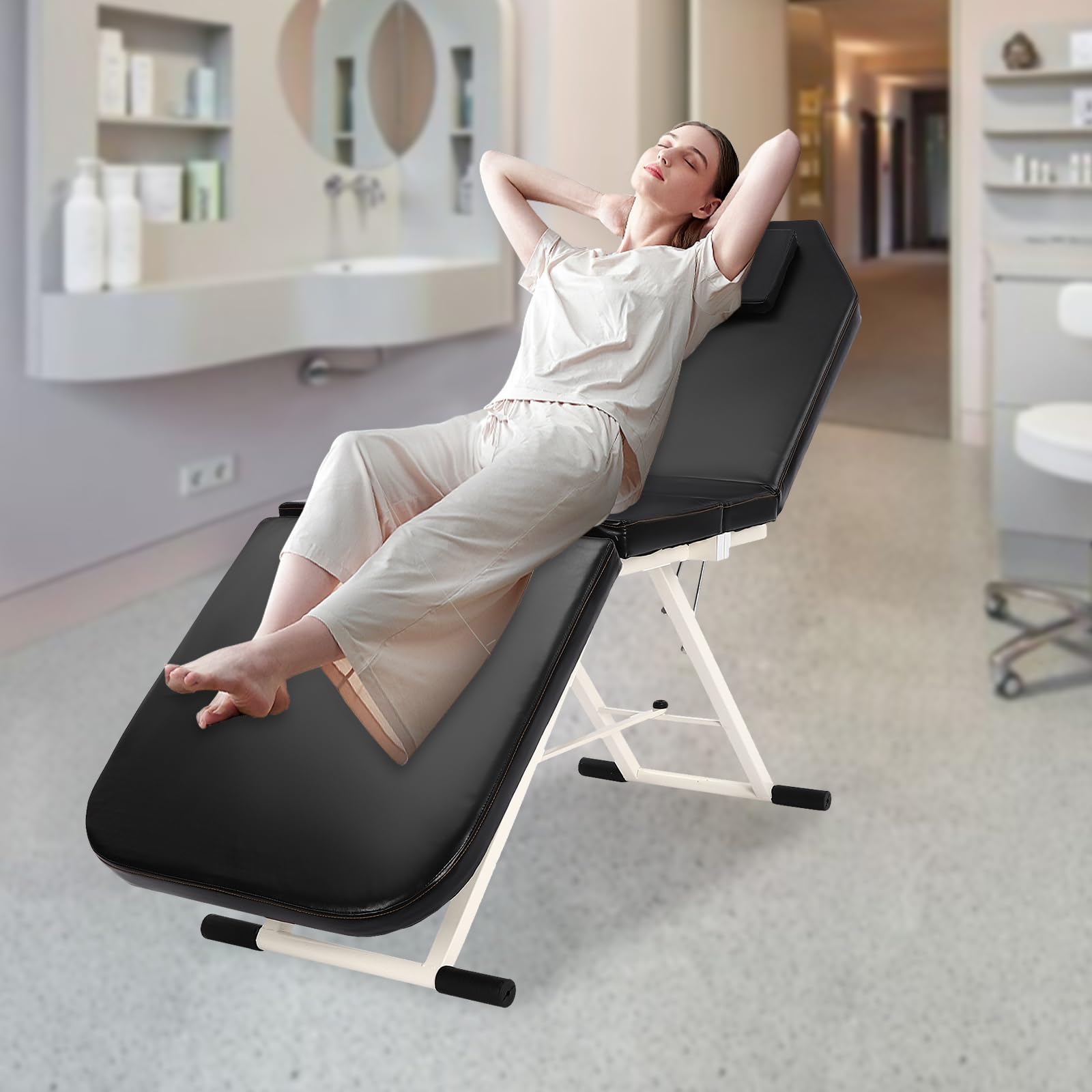 Camilla de masaje plegable con 3 zonas, respaldo ajustable y piezas de cama, mesa de masaje, cama de belleza, se puede utilizar en baños de pies, salones de salud, salones de belleza, etc. (negro)