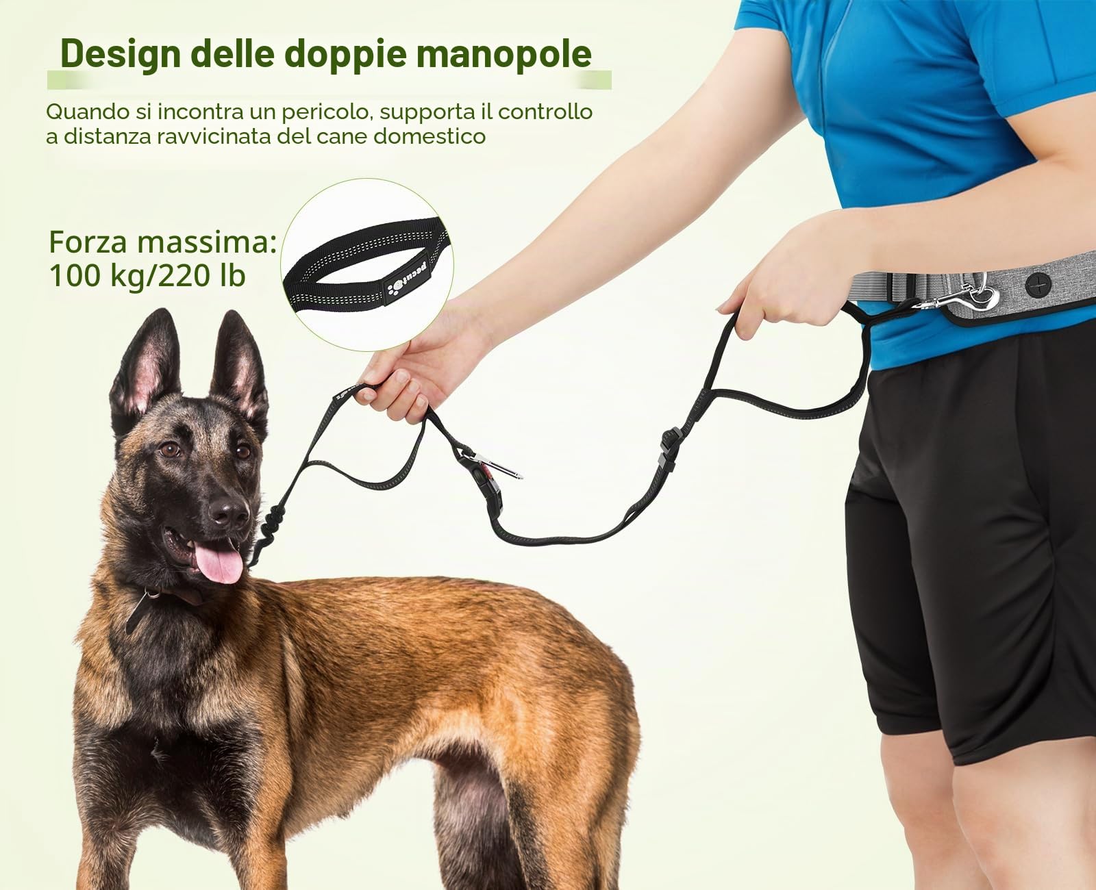 Pecute Guinzaglio Mani Libere per Cani,Guinzaglio per Cani, Camminata, Allenamento, Escursionismo, Cintura in Vita Regolabile e Custodia per l'acqua, per Corsa, Jogging, Grigio Chiaro