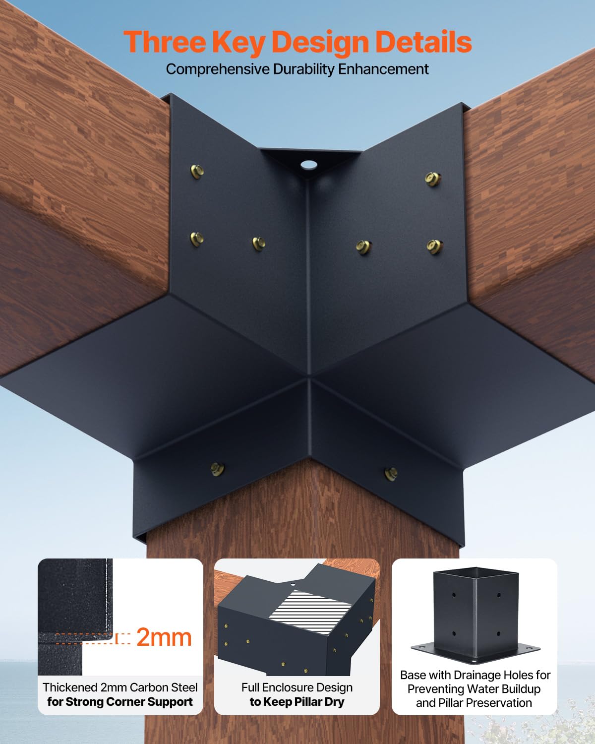 VEVOR Kit Supports de Pergola, Lot de 8, Support de Poteau Bois 92x92 mm, 4 Supports d'angle 3 Voies, 4 Bases de Poteaux, Acier au Carbone, pour Poutres Bois Standard, Banquets de Fête en Plein Air