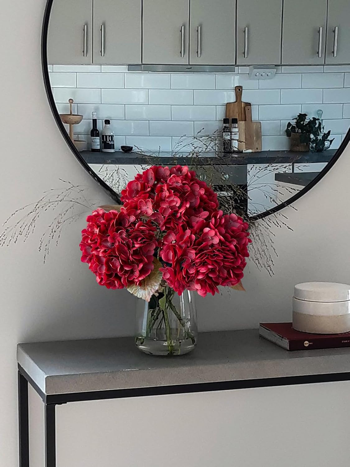 YalzoneMet Burgundy Artificial Hydrangea Flower 3 Pcs 21'' Lifelike Real Touch Latex Hydrangea Red Flower for Fall Halloween Home Party Thanksgiving Christmas Decor Outdoor Vintage Table Centerpiece - Image 3