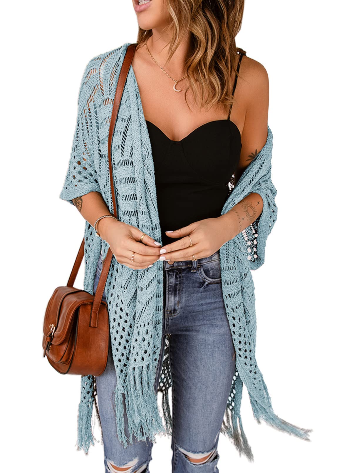 Sidefeel Women's Open Front Knit Sheer Cardigans Summer Boho Lightweight Kimono Cover Ups