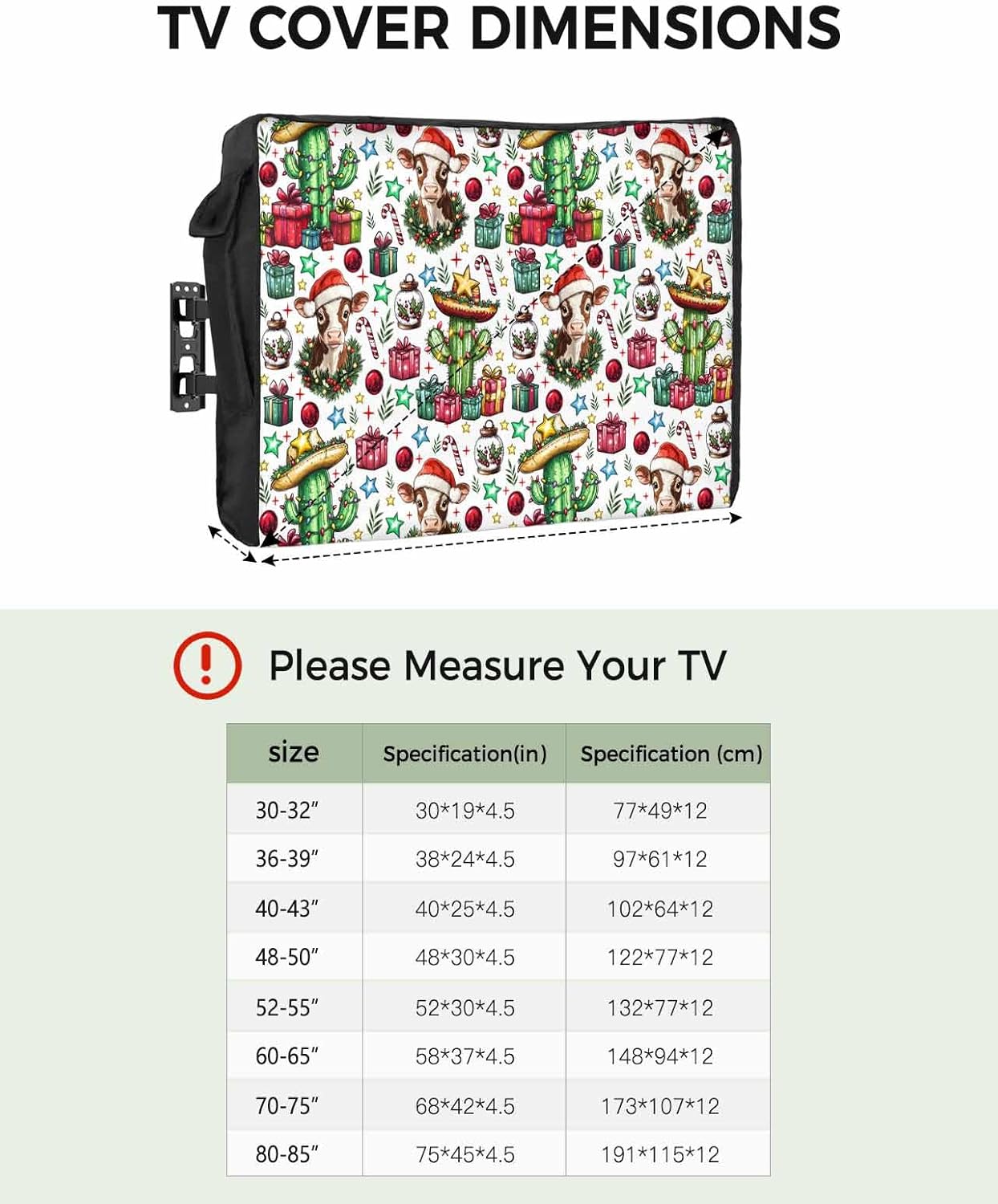Christmas Cowboy White Outdoor TV Cover 60"-65" - 600D Waterproof TV Cover Weatherproof TV Screen Protector Dustproof Western Winter Xmas Candy Balls TV Display Protector for Outside Flat Screen TV