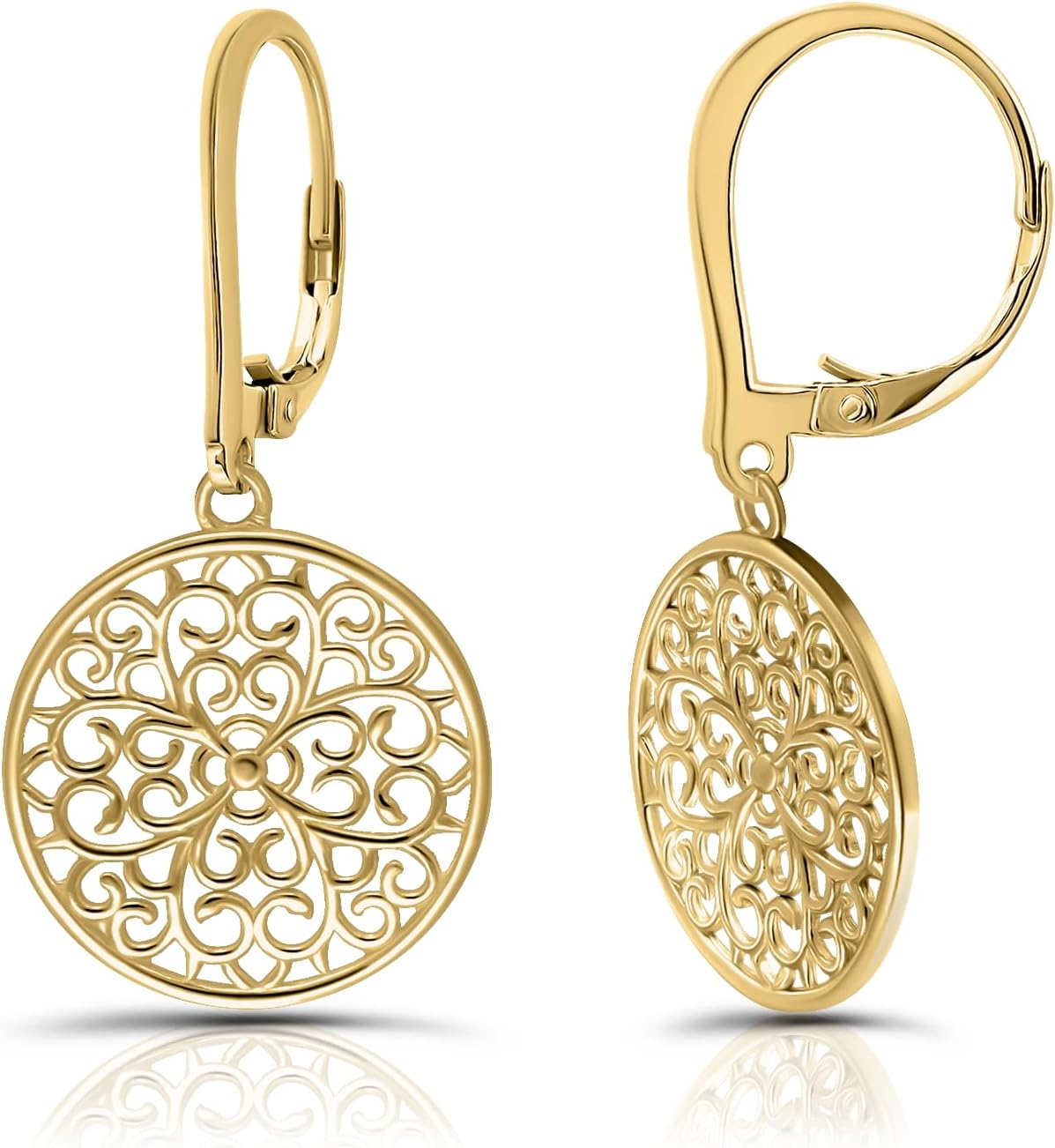 Hoops & Loops 925 Sterling Silver 21mm Medallion Filigree Floral Daisy Flower Design Leverback Earrings, Silver, Yellow Gold, Rose Gold