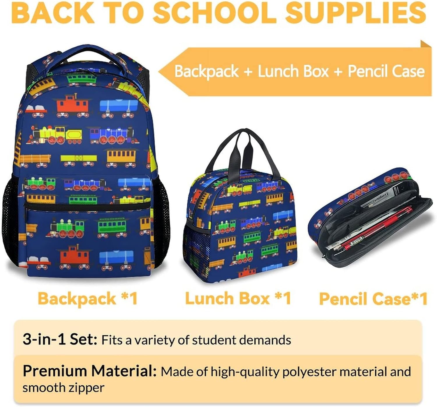 Train Girls Backpack with Lunch Box, Set of 3 School Backpacks Matching Combo, Lightweight Dark Blue Bookbag And Pencil Case Bundle