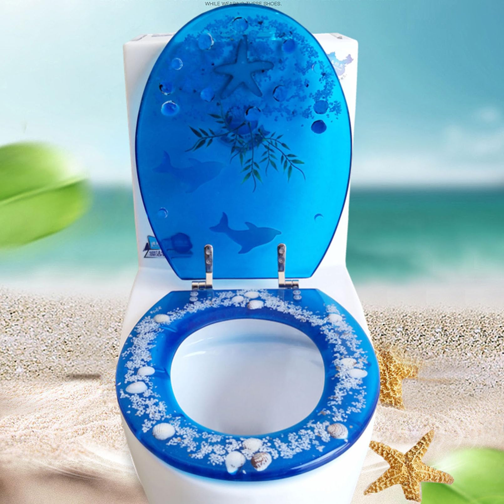 Bleu Siège de Toilette, Lunettes WC avec Couvercle en Coquillage Transparent, siège en résine Ocean Series, Facile à Nettoyer et à Installer, Étoiles en Coquillage Bleu Clair