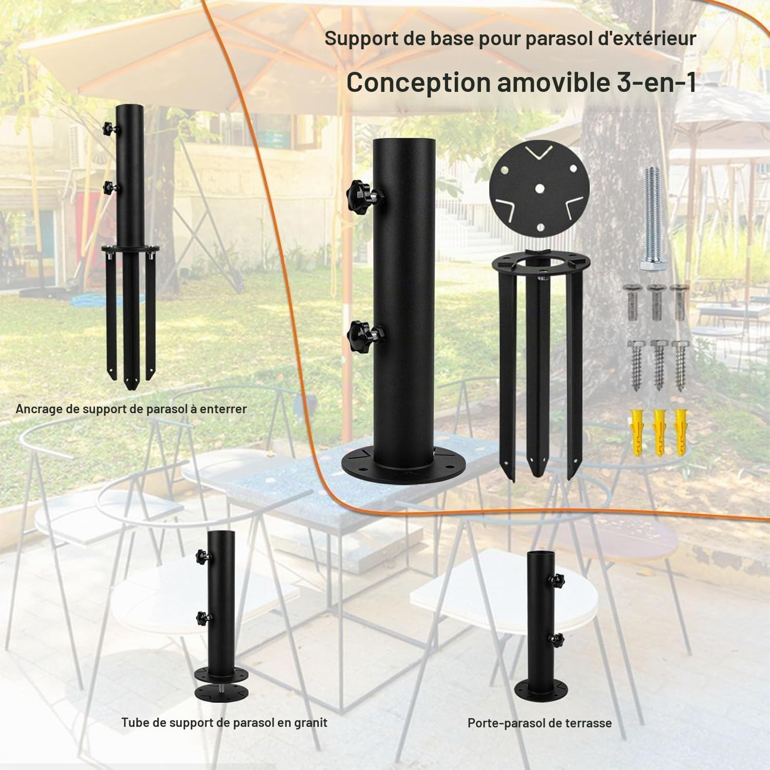 Base de support de parasol enterré, piquet de sol amovible, support de parasol enterré avec 3 piquets, pièces de support de parasol pour terrasse, pelouse, plage, table