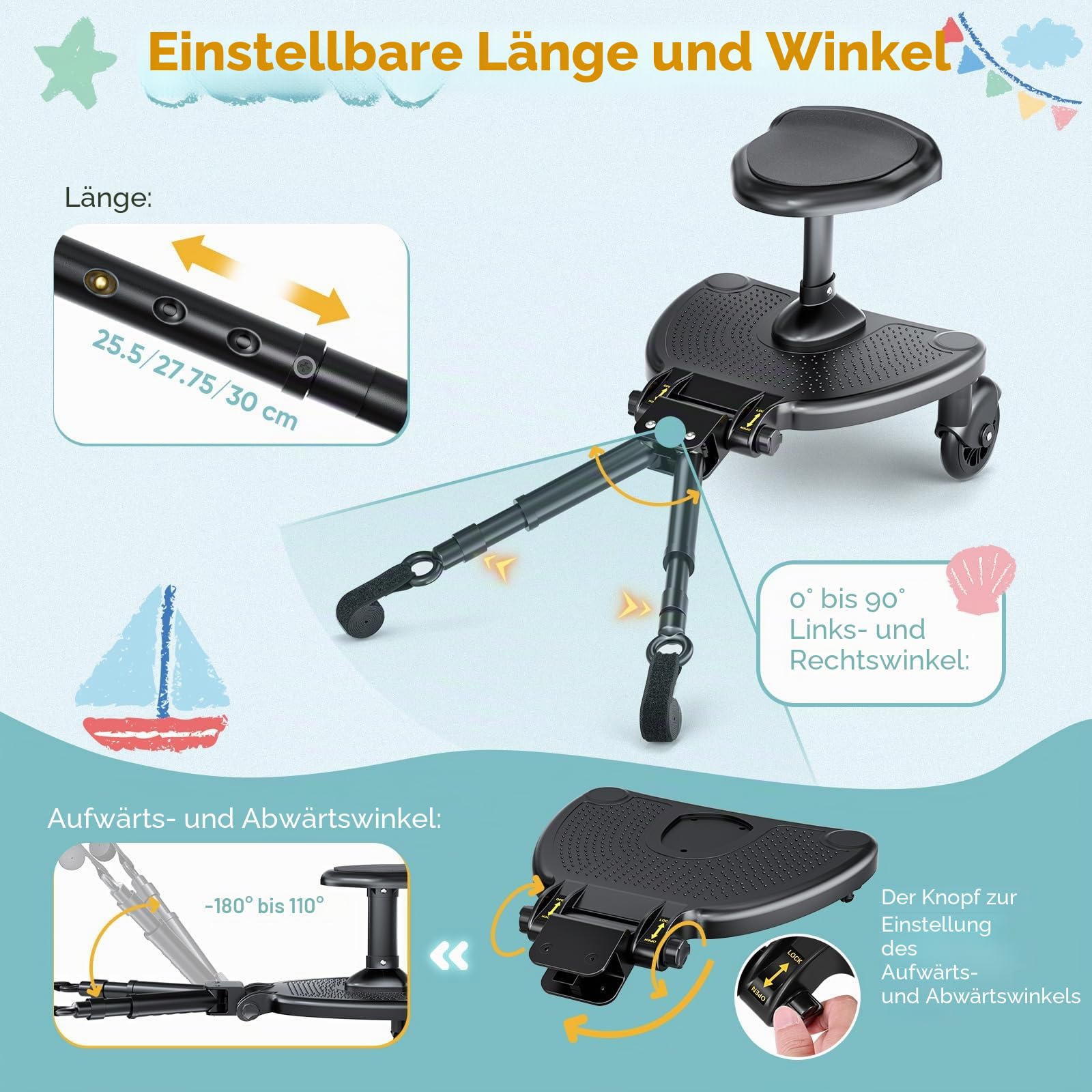 Buggy Board mit Verbreitertem Sitz, Universales Trittbrett für Kinderwagen für Kinder von 2-6 Jahren, 25kg Belastbarkeit, Steh- und Sitzbrett Kompatibel mit Über 99% Kinderwagen