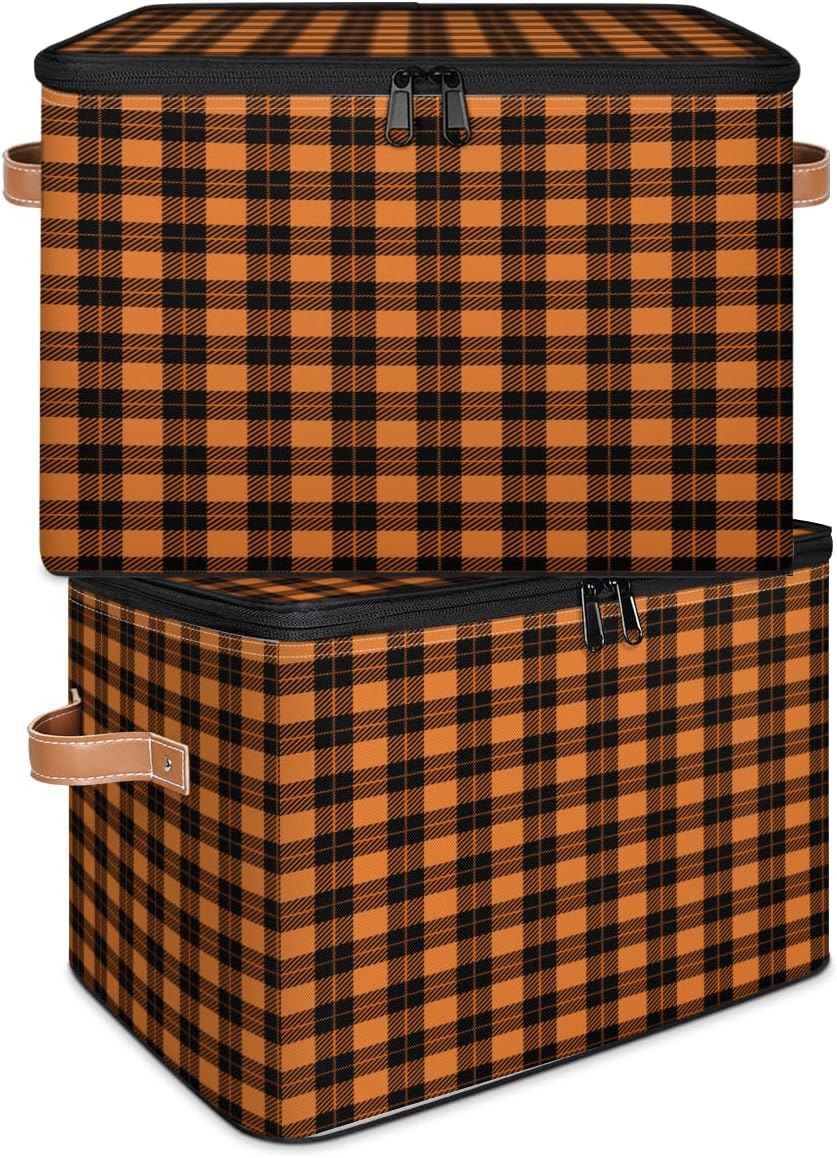 Storage Bin Set of 2 Orange Buffalo Plaid Storage Basket with Zipper Lid & Handle Foldable Closet Shelf 2 Pack Cloth Organizer Basket Cube Bins Clothes Organizer for Bedroom, Nursery