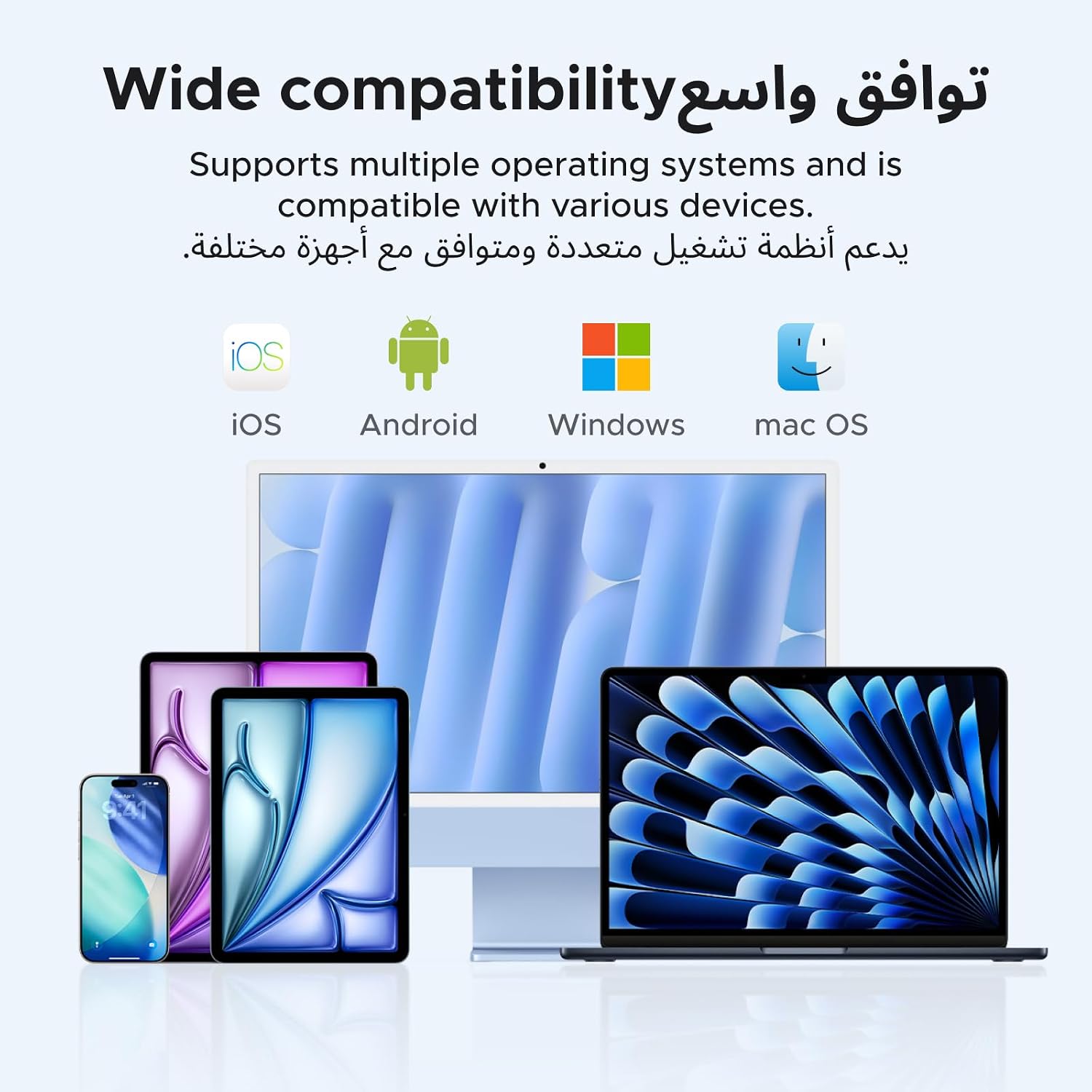 UGREEN keyboard showing compatibility with iOS, Android, Windows, and macOS devices.