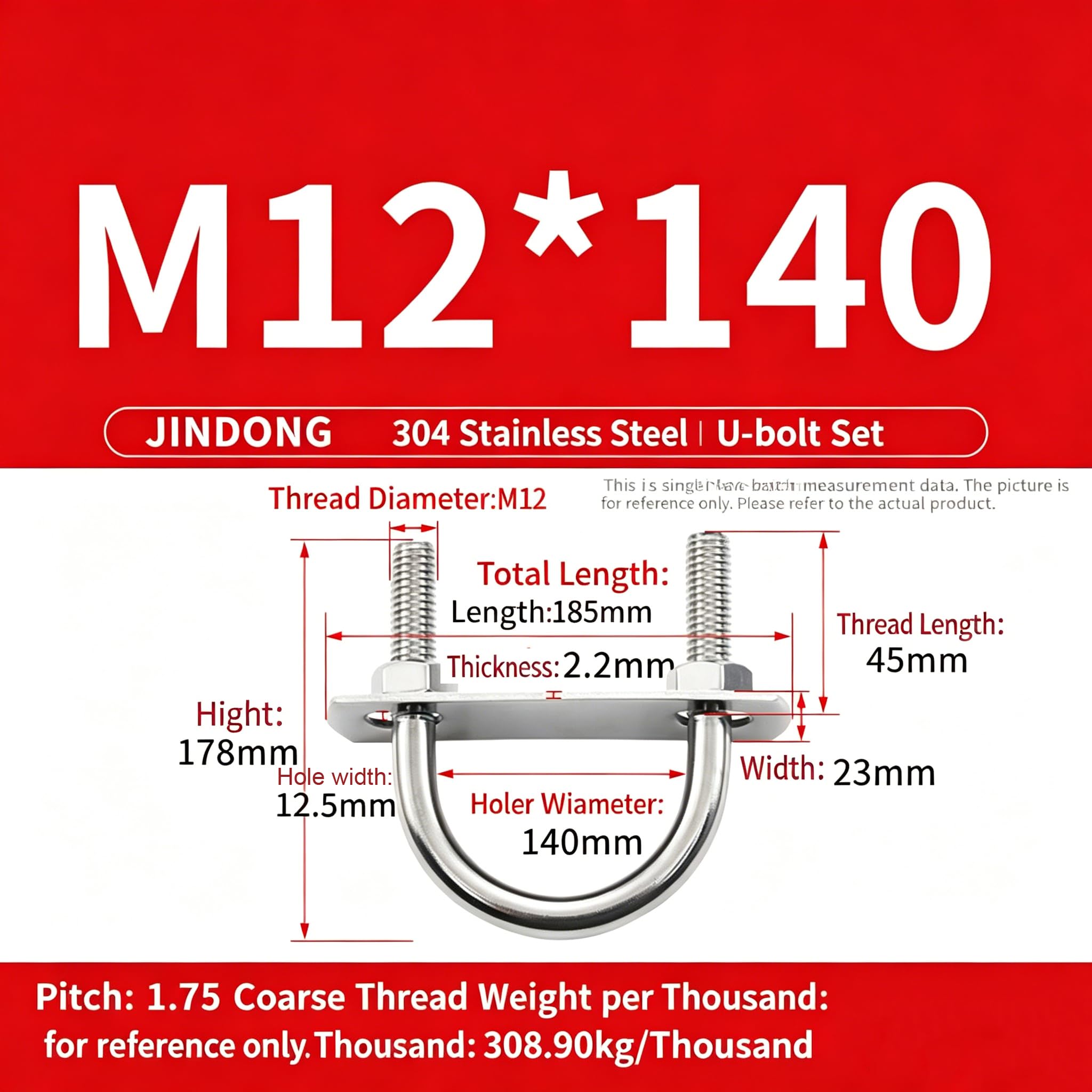 M12 178 x 140 cm, acero inoxidable 304 con contraplaca – Juego de tornillos de fijación con tuercas, arandelas para fijación de vallas, tubos, 4 unidades