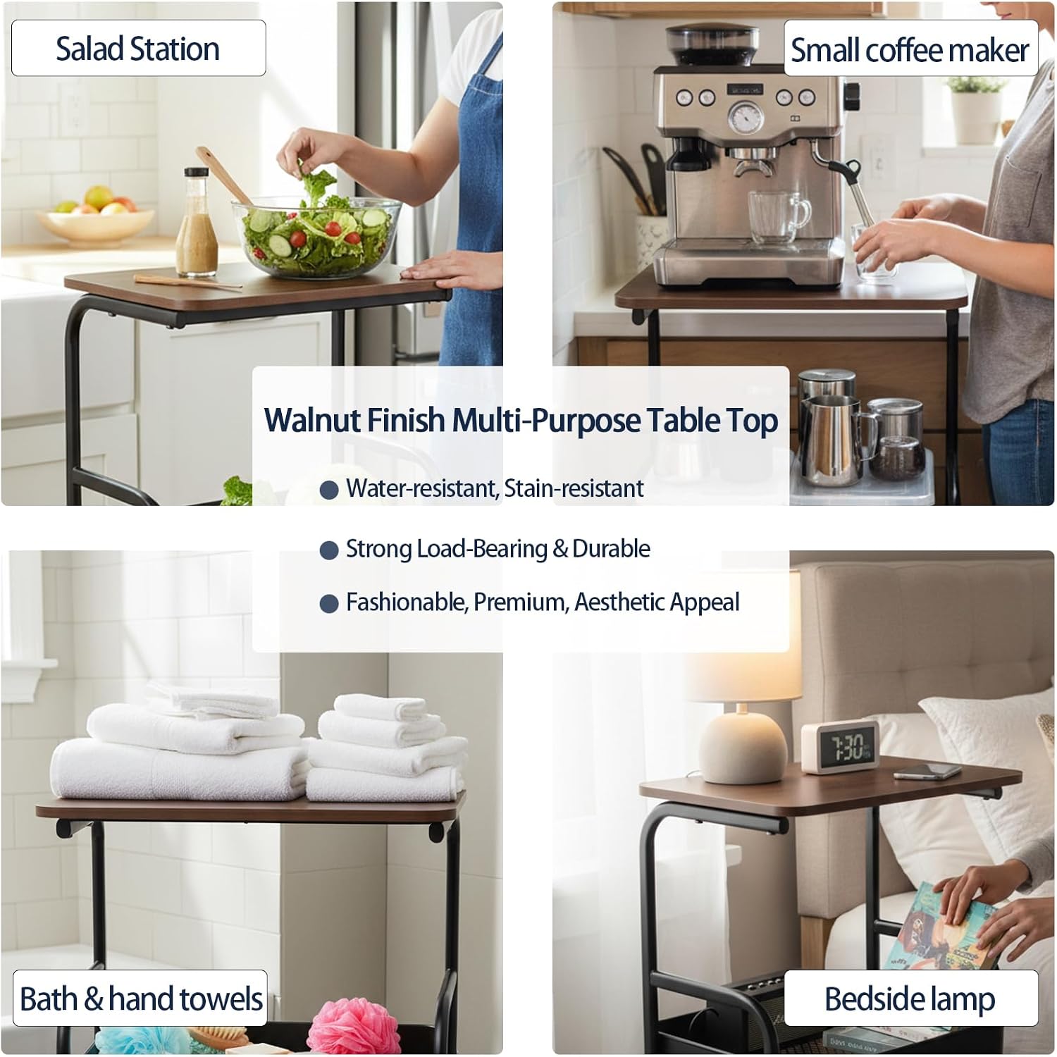 3-Tier Metal Rolling Cart with Walnut-Textured Table Top, Utility Cart with Wheels for Bedside, Living Room, Kitchen, Office & Bathroom Storage