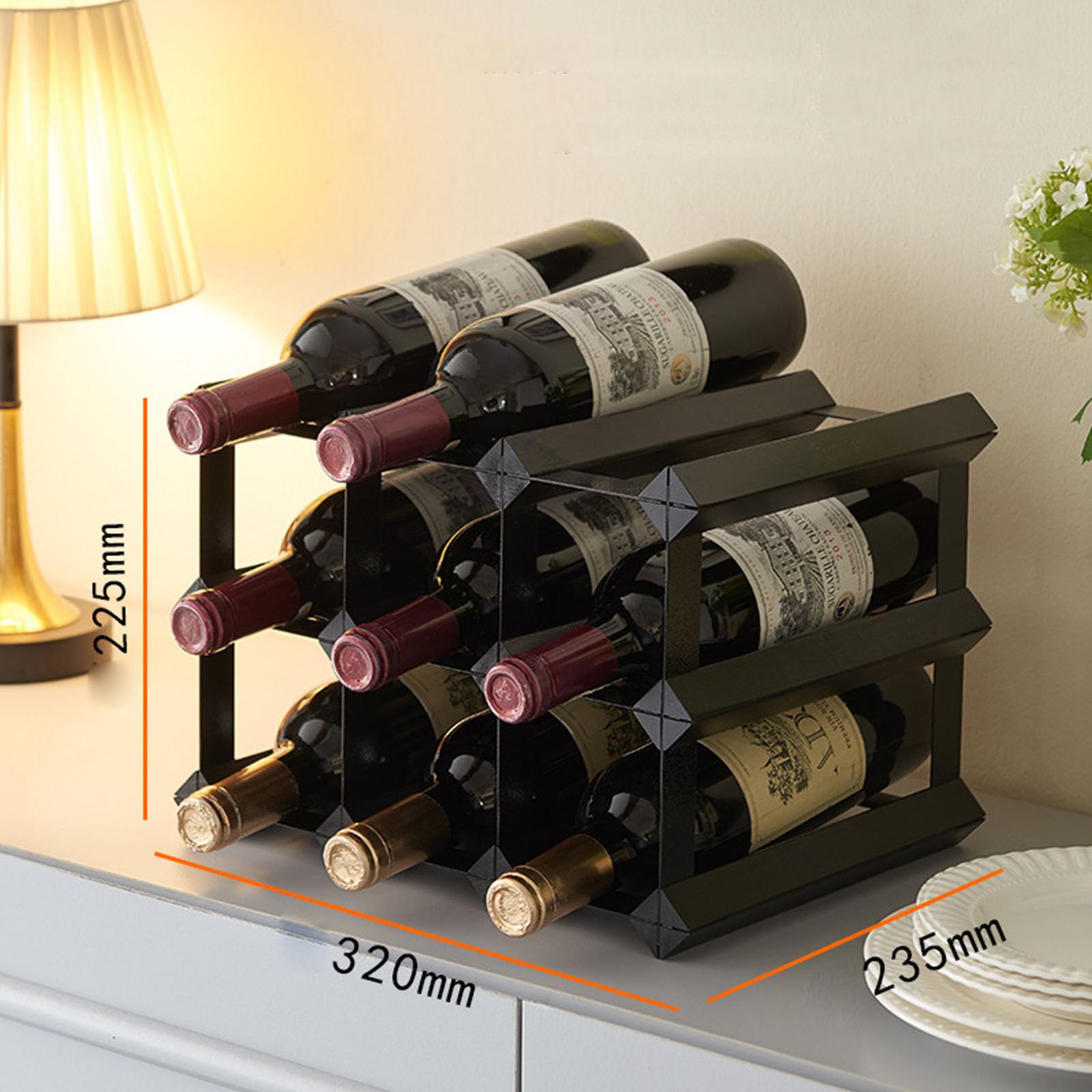 Weinregal aus Holz, freistehender Arbeitsplattenhalter für 9 Flaschen mit offenem Rahmen, horizontale Aufbewahrung für Wein, Eckpräsentationsständer, Thekenorganisator, Tischflaschenhalter, schwarzes