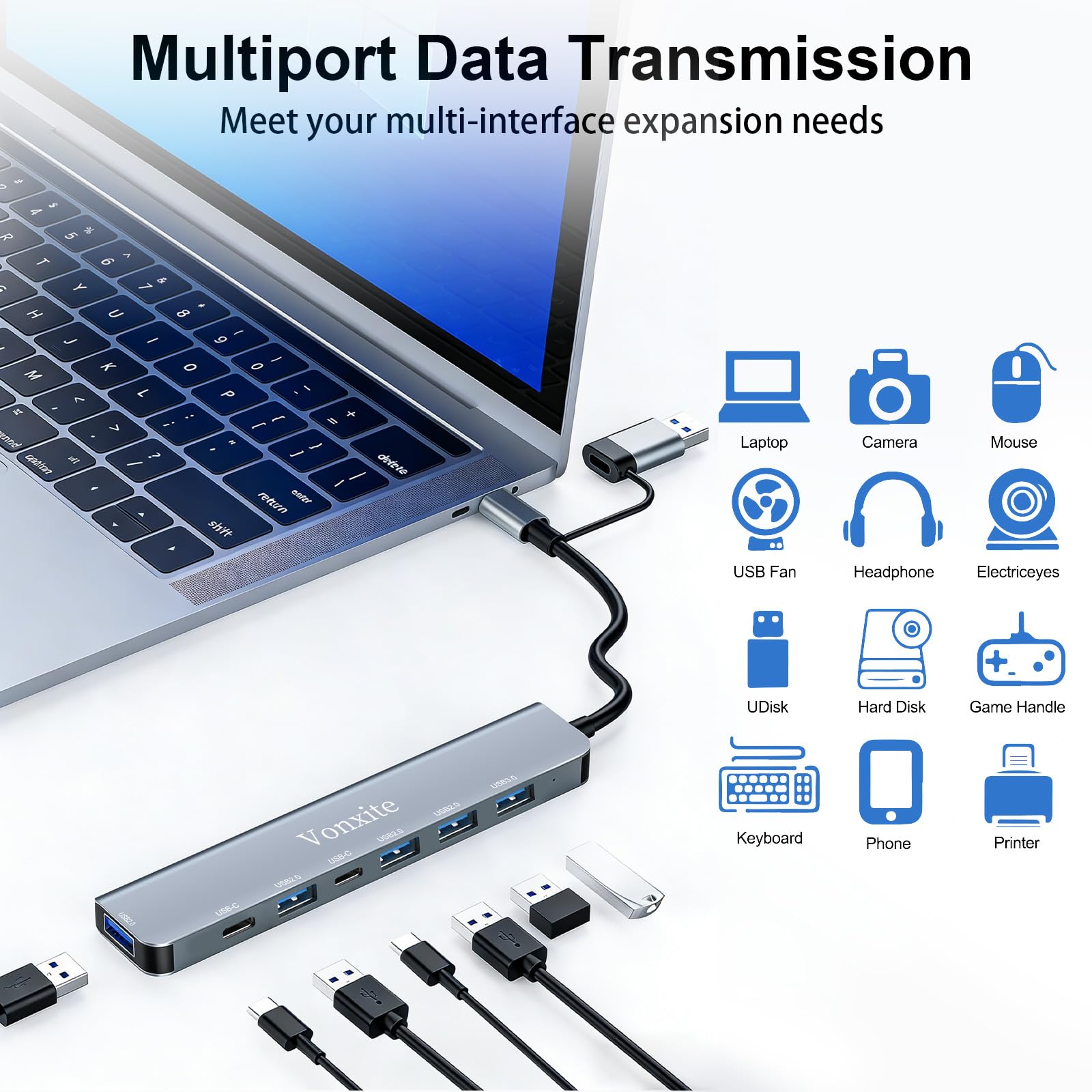 Hub USB 3.0,Hub USB C,7-en-2 Multiprise USB avec 1 Port USB 3.0/2 Ports USB-C/4 Ports USB 2.0,5Gbps Haute Vitesse Compatible avec MacBook/Pro/Mini,iMac,Surface,XPS,PC,HP,Dell,Ordinateur Portable ecc - 5