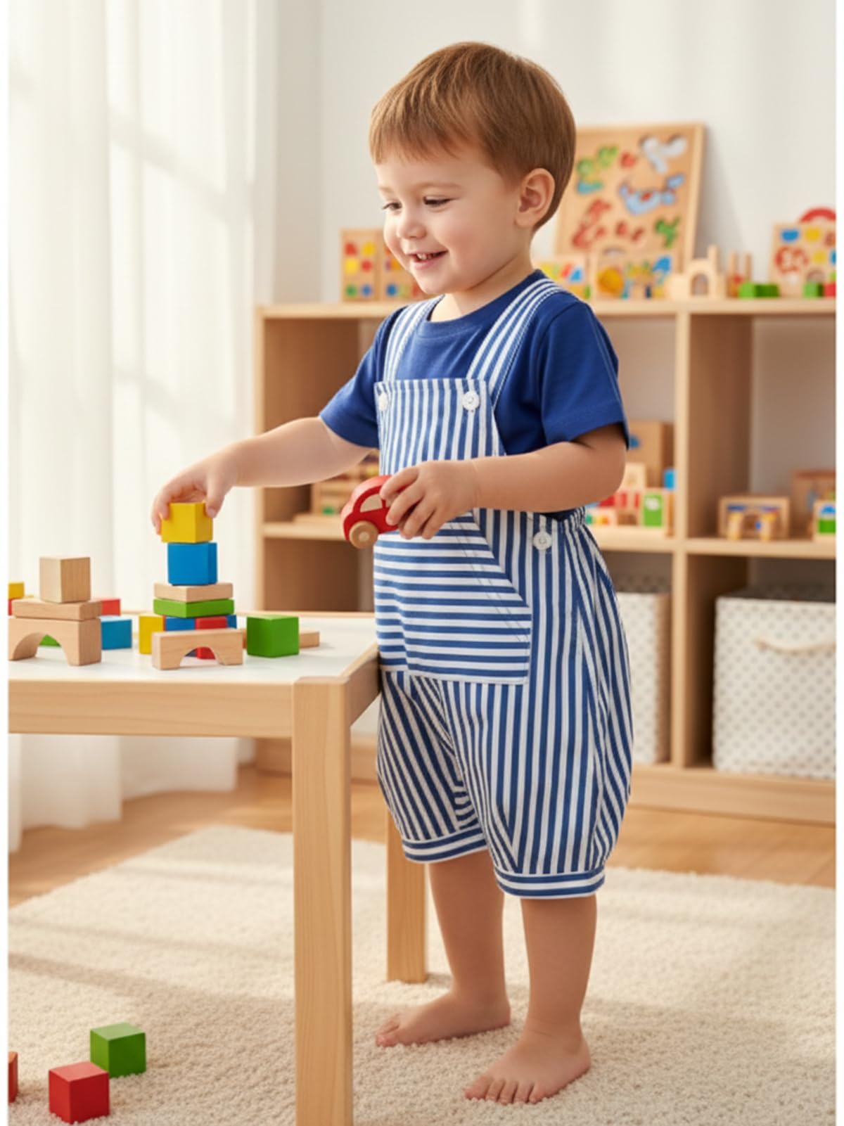 Mameluco de 2 piezas para niños pequeños con bolsillo a rayas con camiseta, color azul — view 2