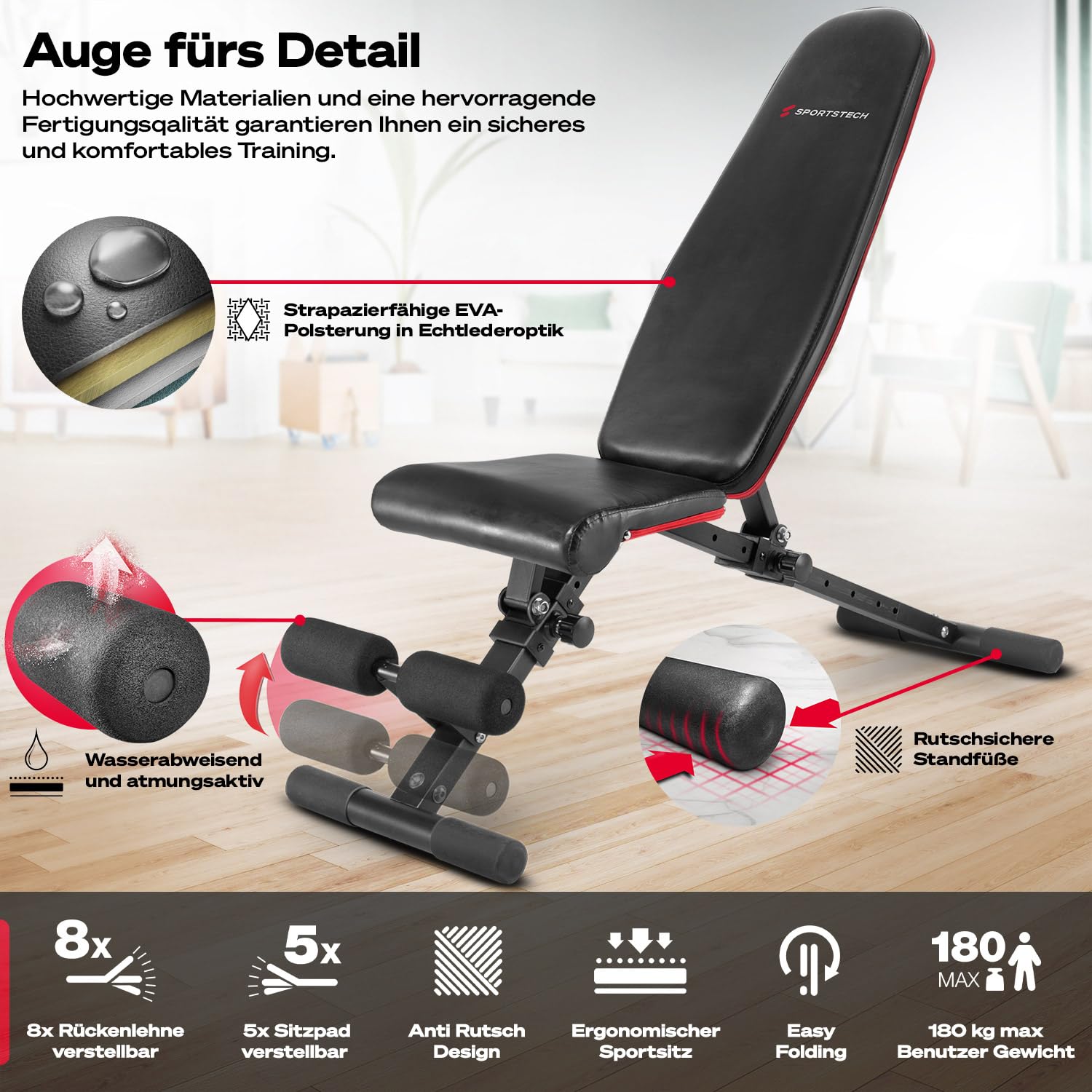 Sportstech Hantelbank – Faltbar, Hochwertig, Verstellbar, Schräg & Flach, 180 kg Belastbar – Fitnessgeräte für Zuhause, Bauchtrainer für Zuhause & Mehr als 40 Kombinationen | BRT400