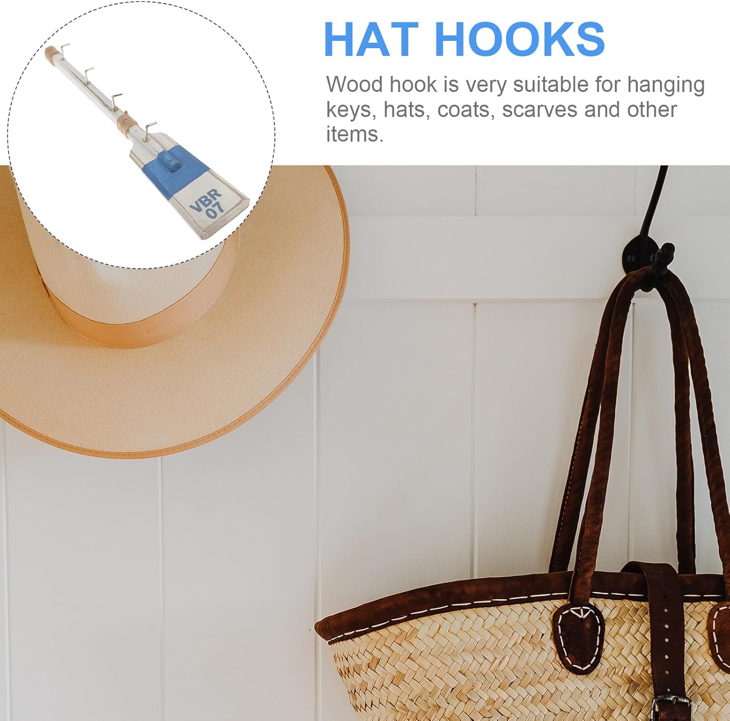 Nautical Decorative Wooden Paddle Wall Hook 40cm Blue Rustic Oar Hanger Coastal Beach House Storage Organizer