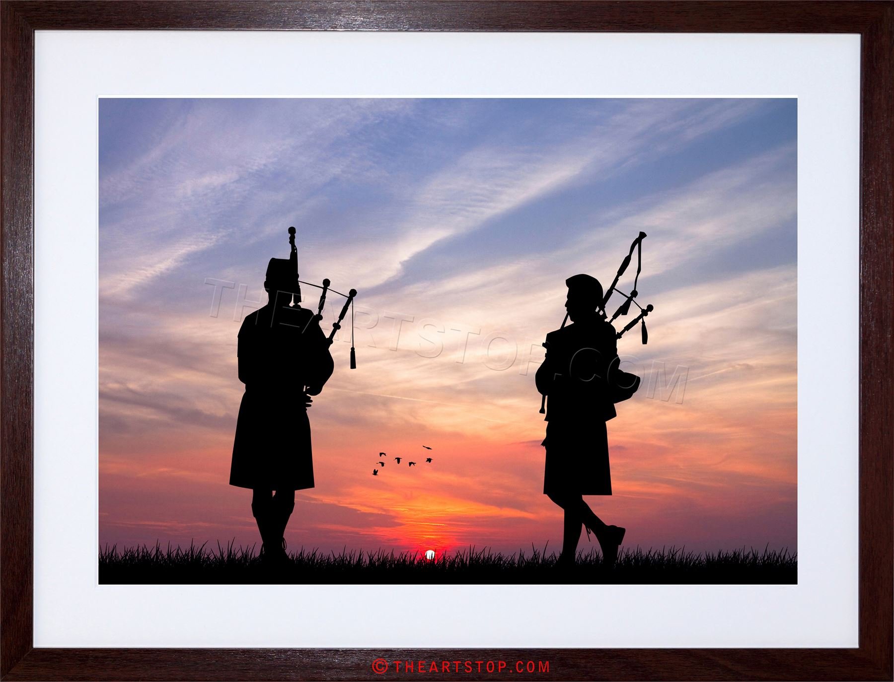 Wee Blue Coo Photo Mock Up Silhouette Sunset Scottish Pipers Framed Wall Art Print