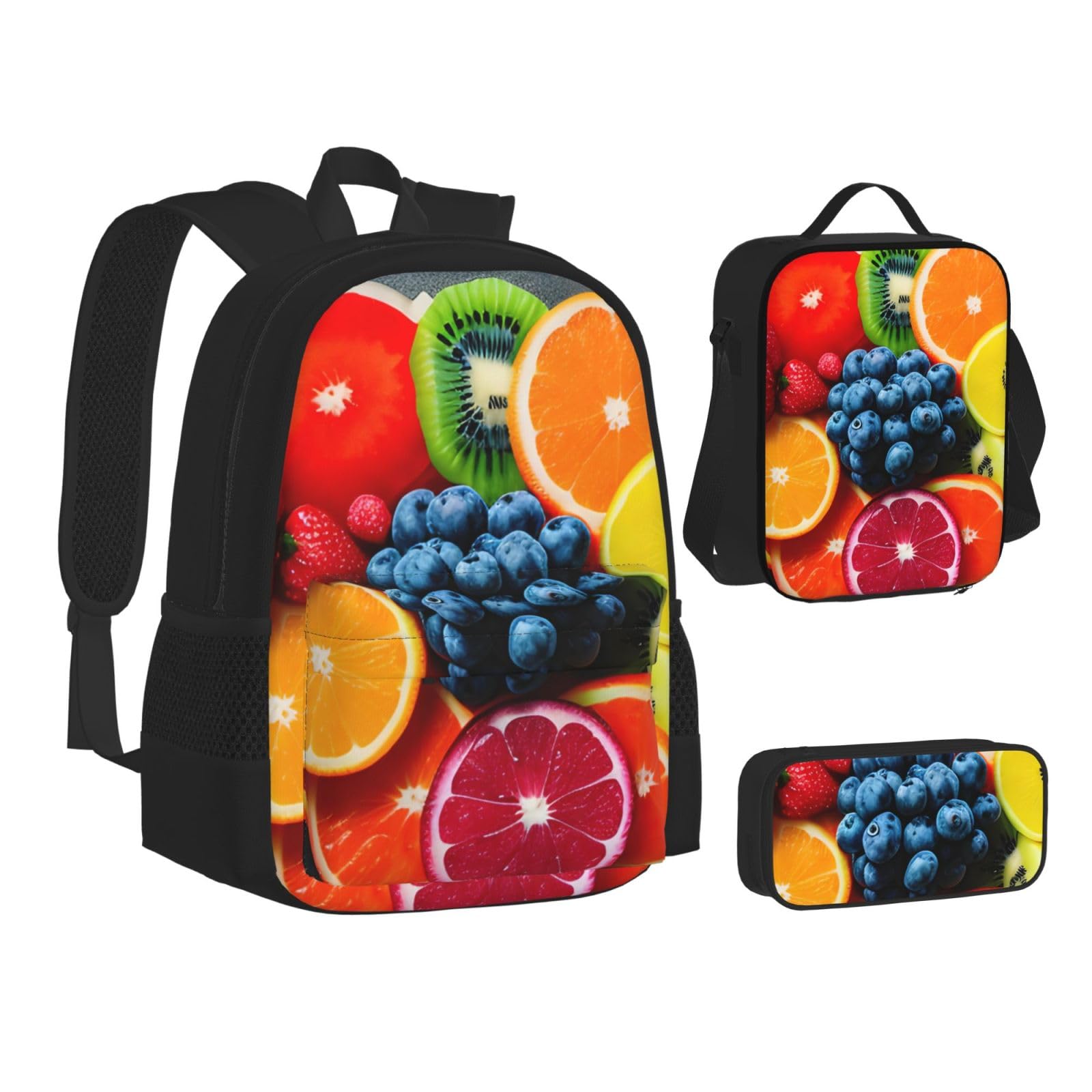 Juego de mochila 3 en 1 con estampado de arcoíris de frutas con bolsa de almuerzo y estuche, adecuado para el trabajo, picnic, viajes, Negro -, Talla única