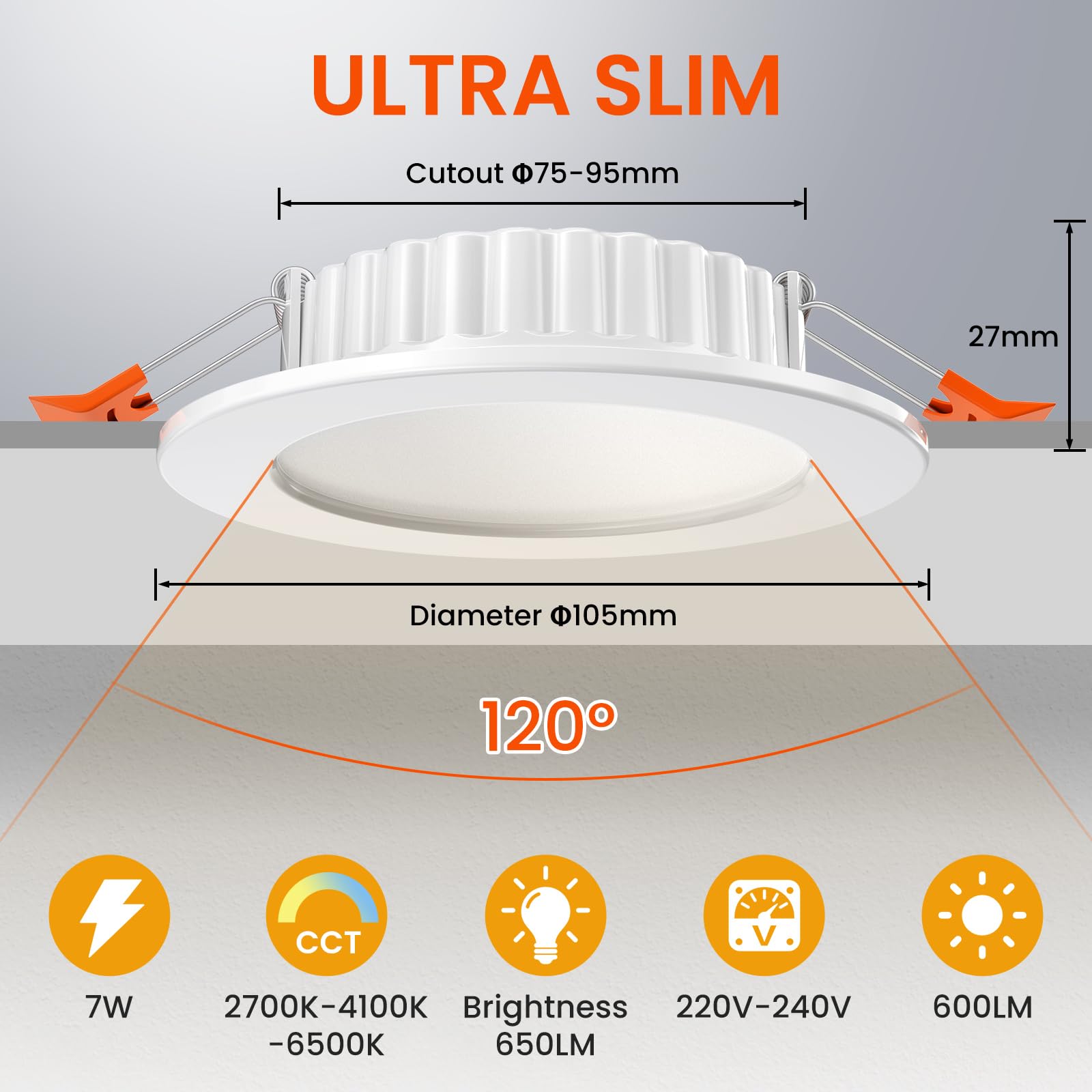 Spot LED Encastrable 7W 600LM, IP44 éclairage Encastré Spot de Plafond,[2700-4100-6500K] [Ultra-mince 27mm] [Lot de 6], AC220-240V, pour Salle de Bain Salon Cuisine