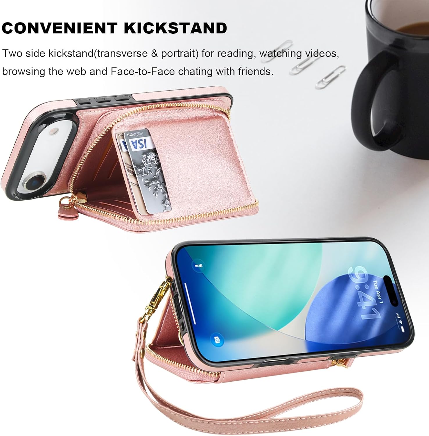 Bocasal RFID Blocking Wallet Case for iPhone 17 Air, Adjustable Crossbody Zipper Purse Case Card Holder with Kickstand Detachable Wrist Strap, PU Leather Flip Folio Case 6.5 Inch 5G (Rose Gold)