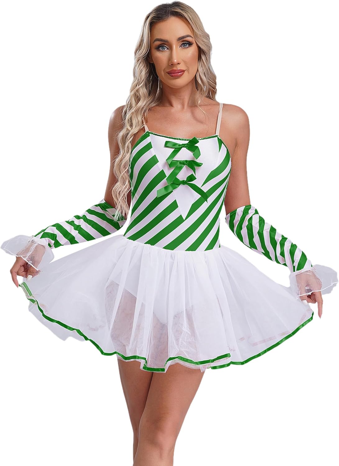 Women's Christmas Candy Cane Striped Dress Dance Leotard Camisole Tutu Ballet Dress with Gloves Dancewear