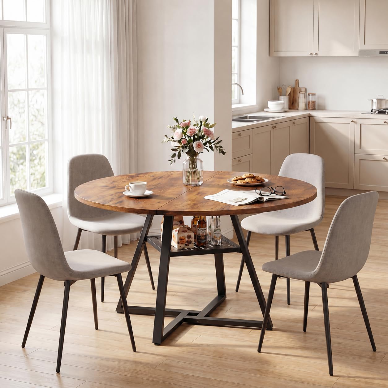 APICIZON Round Dining Table 100 cm, Kitchen Table for 2-4 People with Storage Shelf, Rustic Wood Round Table with Cross Metal Legs, Dining Table for Dining Room, Living Room, Apartment, Brown