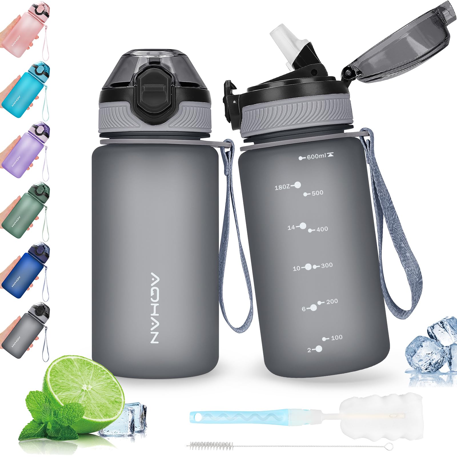 AOHAN Trinkflasche mit auslaufsicherem Klappdeckel, BPA freie Sport Trinkflasche mit Stroh, Wasserflasche Geschirrspüler sichere Wasserflasche ungiftiger Wasserkrug mit Tragegurt