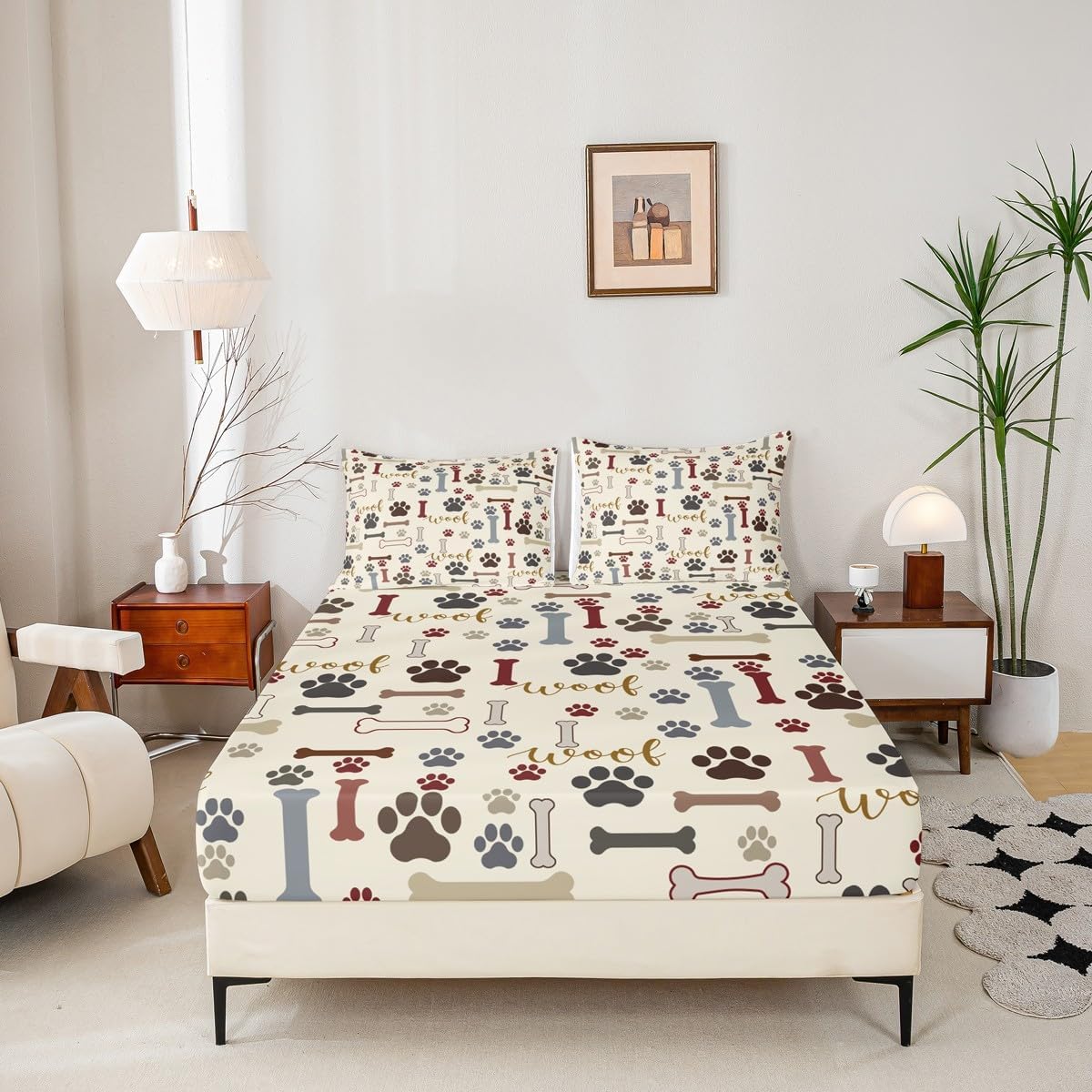 Manfei Cute Dog Paws Print Kids Fitted Sheet Queen Size,Corgi Pug Lovely Animals Pets Bedding Set,Girls Boys Adults Bedroom Decor,Dog Bones Cartoon Bed Cover,Colorful Bed Sheet,2 Pillowcases