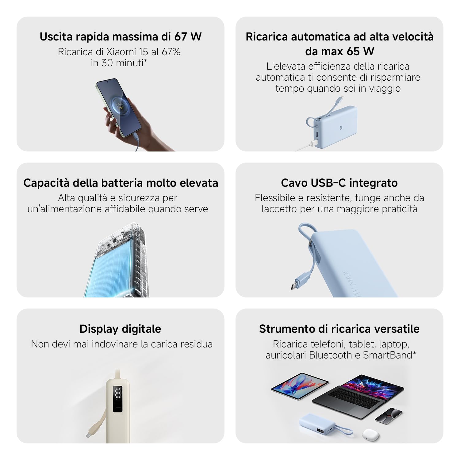 Xiaomi 67W Power Bank 20000mAh, Caricatore Portatile USB-C, Carica Rapida | Ricarica rapida 67W, 20000mAh, cavo USB-C integrato. Ricarica bidirezionale — alimenta 3 dispositivi insieme.