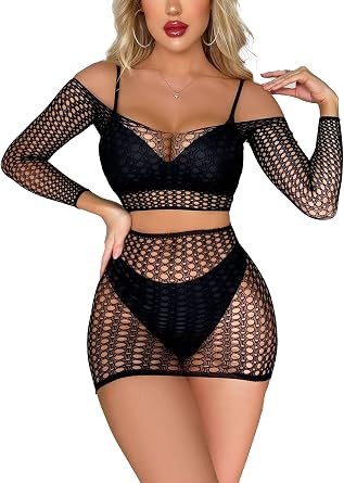 Womens Fishnet Dress Long Sleeve Top and Mini Skirt Lingerie Set