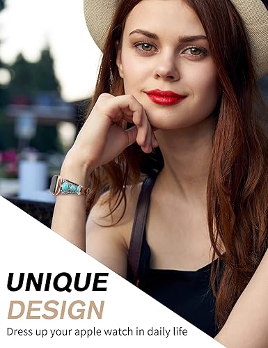 Miniatura 6 de Minyee Correa de cuero compatible con Apple Watch Band para mujeres de 424638404144451.929 in, correa ajustable estilo bohemio turquesa occidental