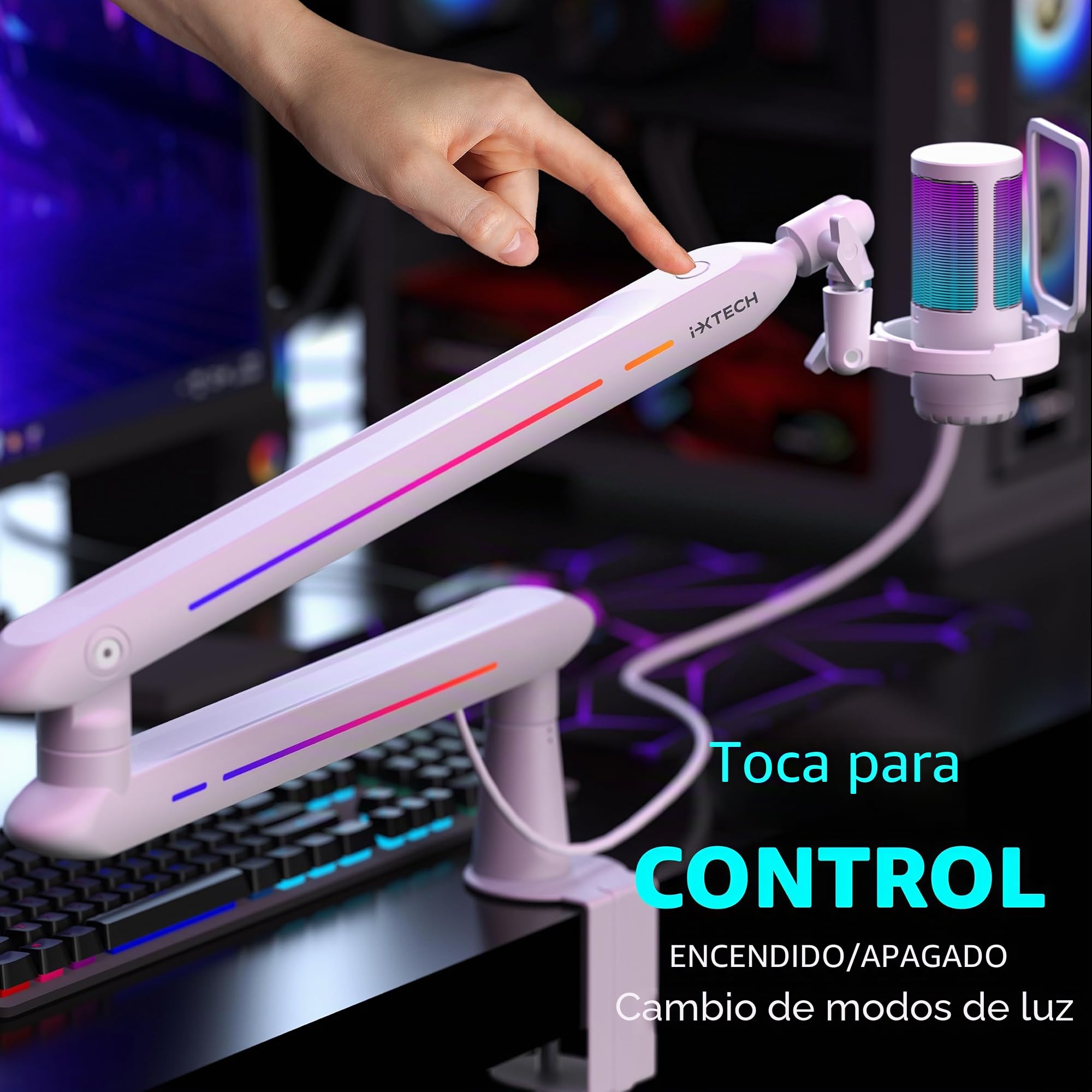 IXTECH Brazo de brazo RGB de perfil bajo para micrófono, soporte de brazo de micrófono ajustable con abrazadera de montaje en escritorio, soporte giratorio para micrófono con gestión de cables para