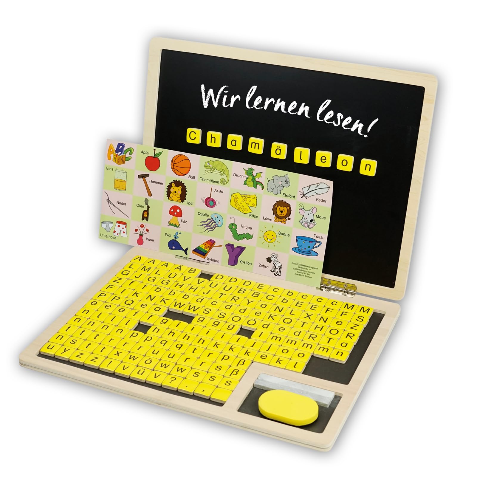 TimeTEX Lese-Klapp-Computer aus Holz, 189-tlg. | ABC Lernspiel, magnetisch mit Tafelfläche & Buchstaben-Steinen | Laptop Spielzeug für Kinder zum Lesen & Schreiben Lernen
