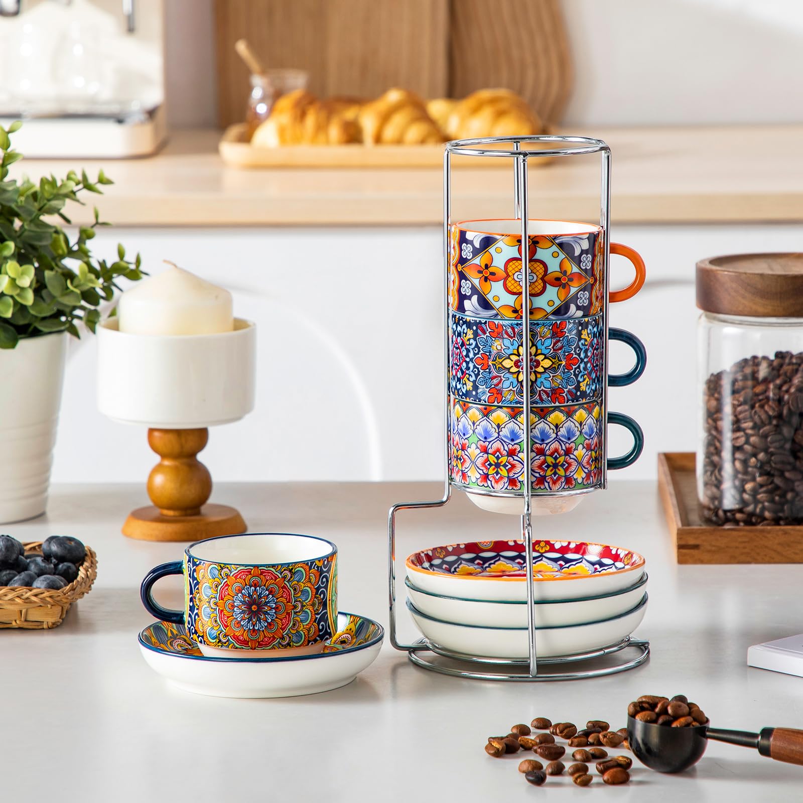 vancasso SIMI - Lot de 8 Tasses à Café avec Soucoupes (150ml) - Service à Café pour 4 Personnes - Porcelaine Résistante pour Expresso, Cappuccino - Design Bohème - Lavable au Micro-ondes