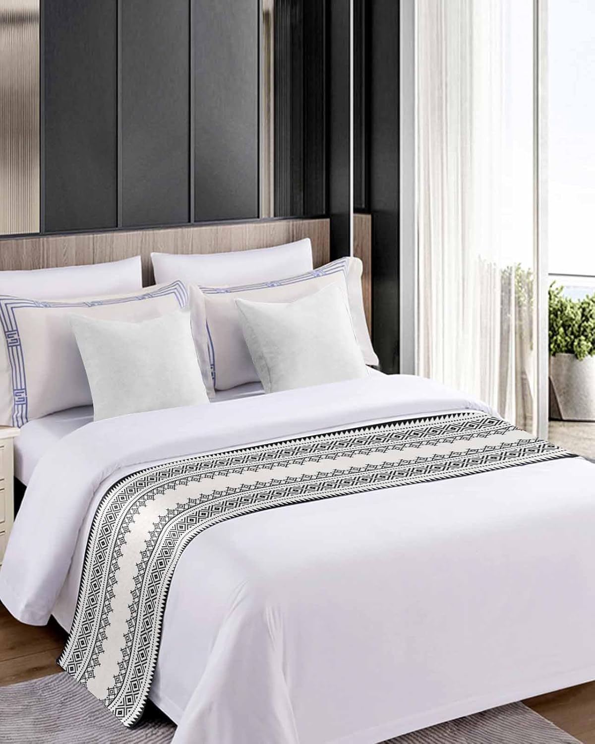 Black White,Bed Runner Scarf King Size,Luxury Bed Throw Runners & Scarves for Twin Full Queen King Foot of Bed Bedroom Hotel Wedding Room,Boho Geometric Tribal Stripes Minimalist Bohemia 94"x20"