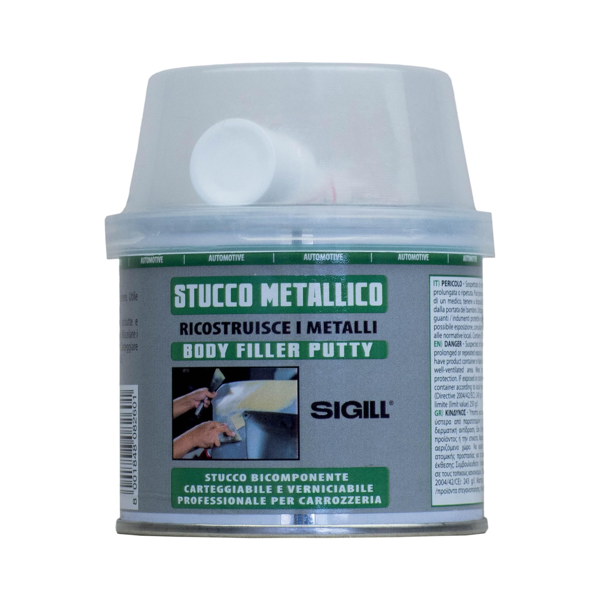 Sigillfer Stucco Metallico Bicomponente, Barattolo da 125 ml, Resina Poliestere per Riparazioni su Metallo, Carteggiabile e Verniciabile, Ideale per Marmitte, Radiatori e Carrozzerie