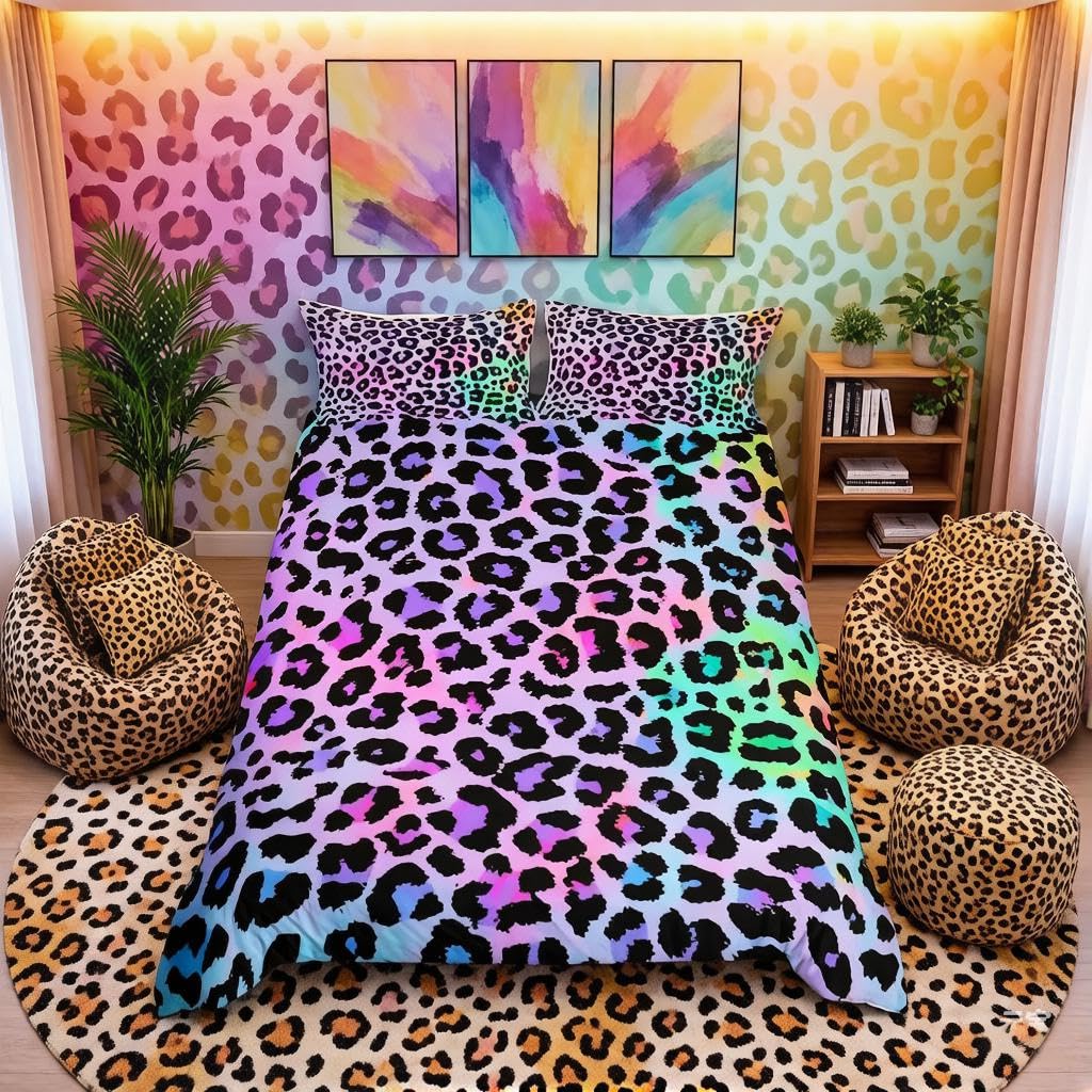 Loussiesd Leopard Bedding Set Double Colorful Leopard Duvet Cover Set Africa Cheetah Decorative for Kids Boys Girls Adults,Soft Breathable Microfiber Animal Comforter Cover with 2 Pillow Shams