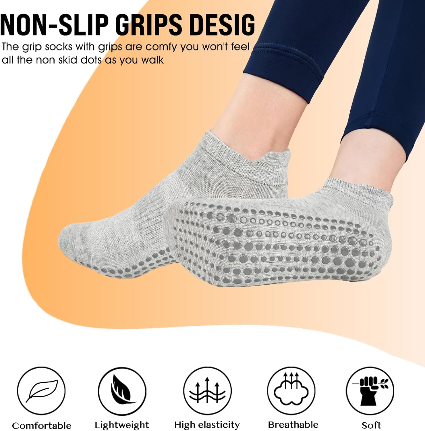 6 Pairs Pilates Socks with Grips for Women - Non-slip Grippy Gym Socks for Yoga Barre Hospital Workout Barefoot - Image 4