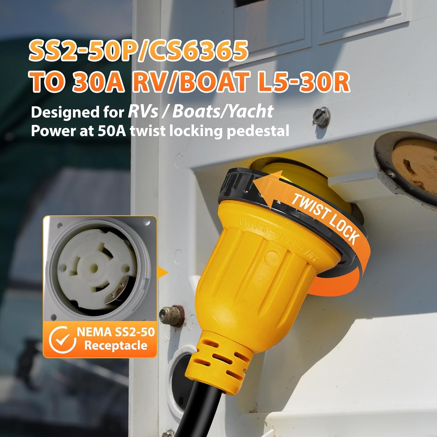 30 Amp to 15 Amp 110 RV Adapter Plug NEMA 5-15P to NEMA L5-30R Twist Locking RV Power Adapter with 50A to 30A Marine Shore Power Adapter SS2-50P to L5-30R for Boat RV Power at 50 Amp Marine Inlet