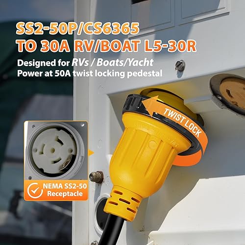 Miniatura 4 de Marine Shore Power Y Splitter SS2-50P macho 50A a (2) 30A L530R hembra, 50 Amp 125250V SS2-50P a L5-30R Adaptador Y con anillo de bloqueo y cuello,