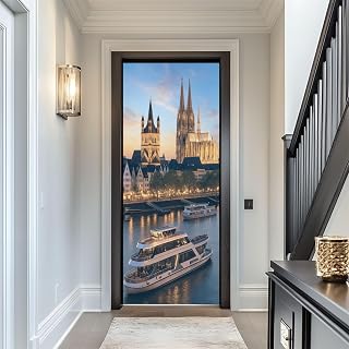Door Sticker Decals 3D Aerial View Cologne Rhine River Cruise Cologne Sticker Murals Peel and Stick Wallpaper Self-Adhesive Door Poster for Bedroom Living Room 30"x79"