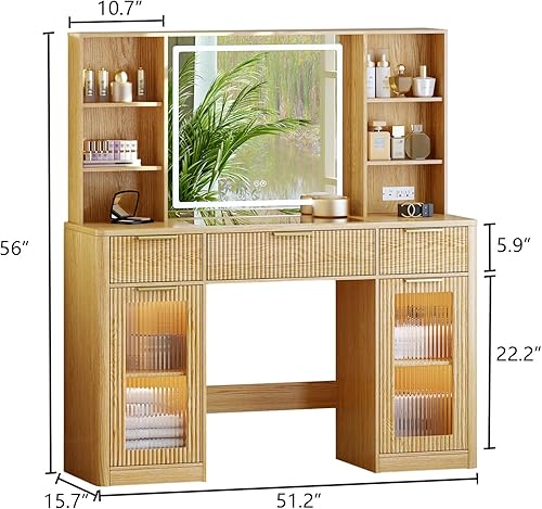 Miniatura 4 de Tocador grande de 51.2 pulgadas, moderno escritorio de maquillaje acanalado con espejo y luces, tocador superior de cristal con 3 cajones y 2