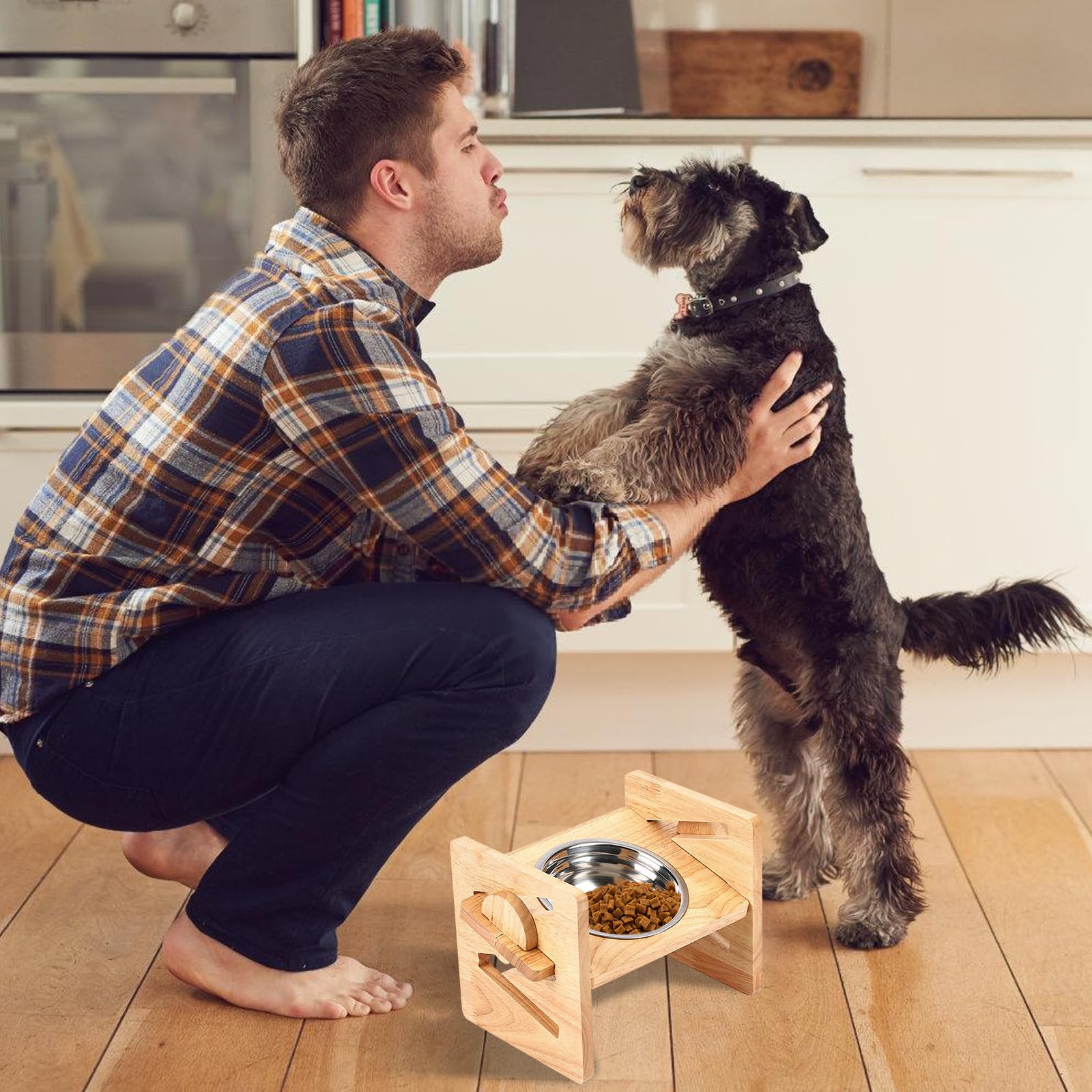 PORFOYO Erhöhter Futternapf für Hunde und Katzen, 4-fach höhenverstellbar, aus Holz mit Edelstahlnapf für kleine und mittelgroße Hunde