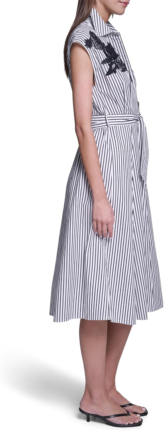 Halston Womens Cap Sleeve Midi Striped Shirt Dress with Floral Applique